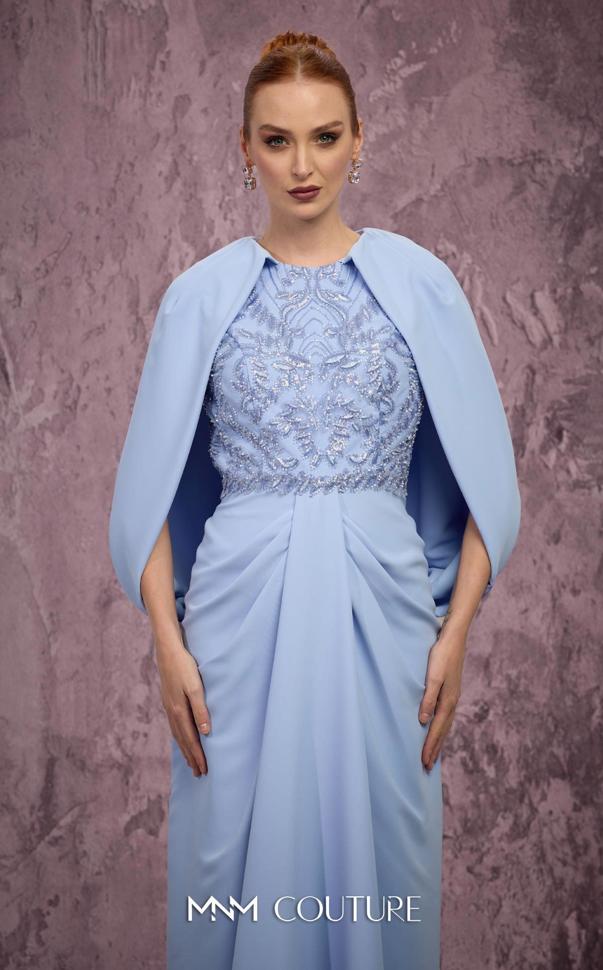 Embellished Caped Long Satin Formal Gown by MNM Couture Q7615 in Blue