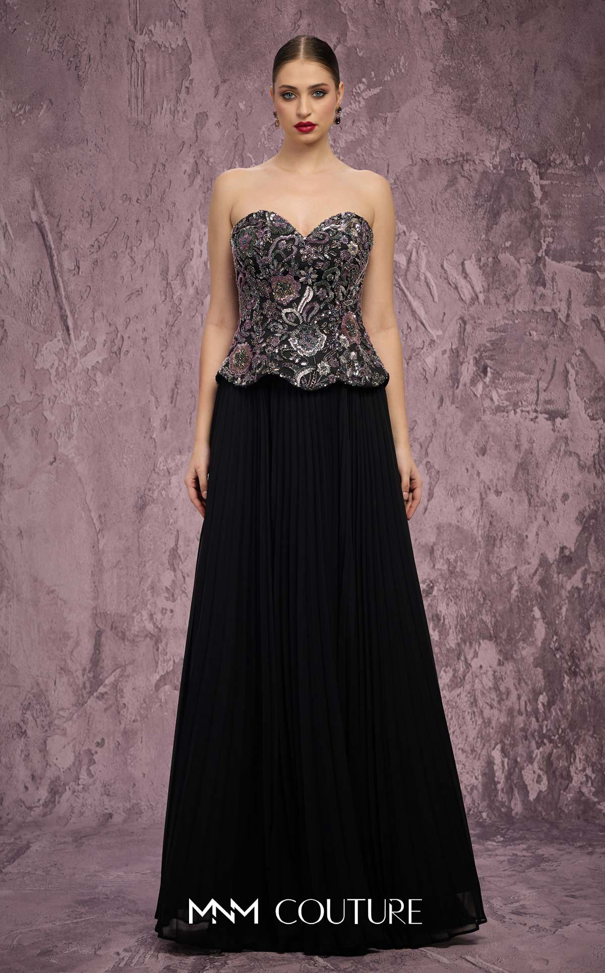 Strapless Floor-Length Embellished Evening Gown by MNM Couture Q7778 in Black