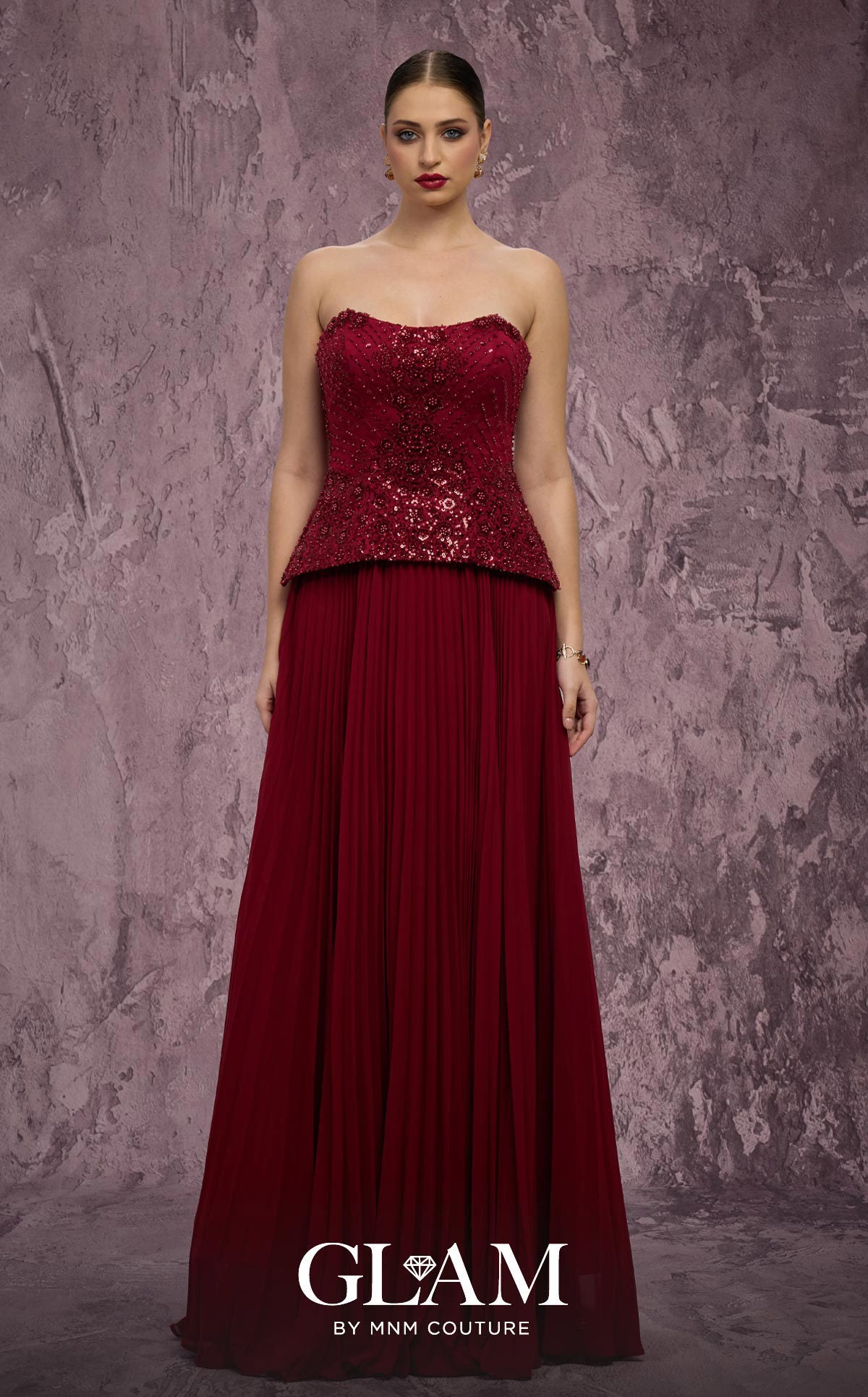 Strapless Long Sequin Prom Dress by MNM Couture Q7788 in Burgundy