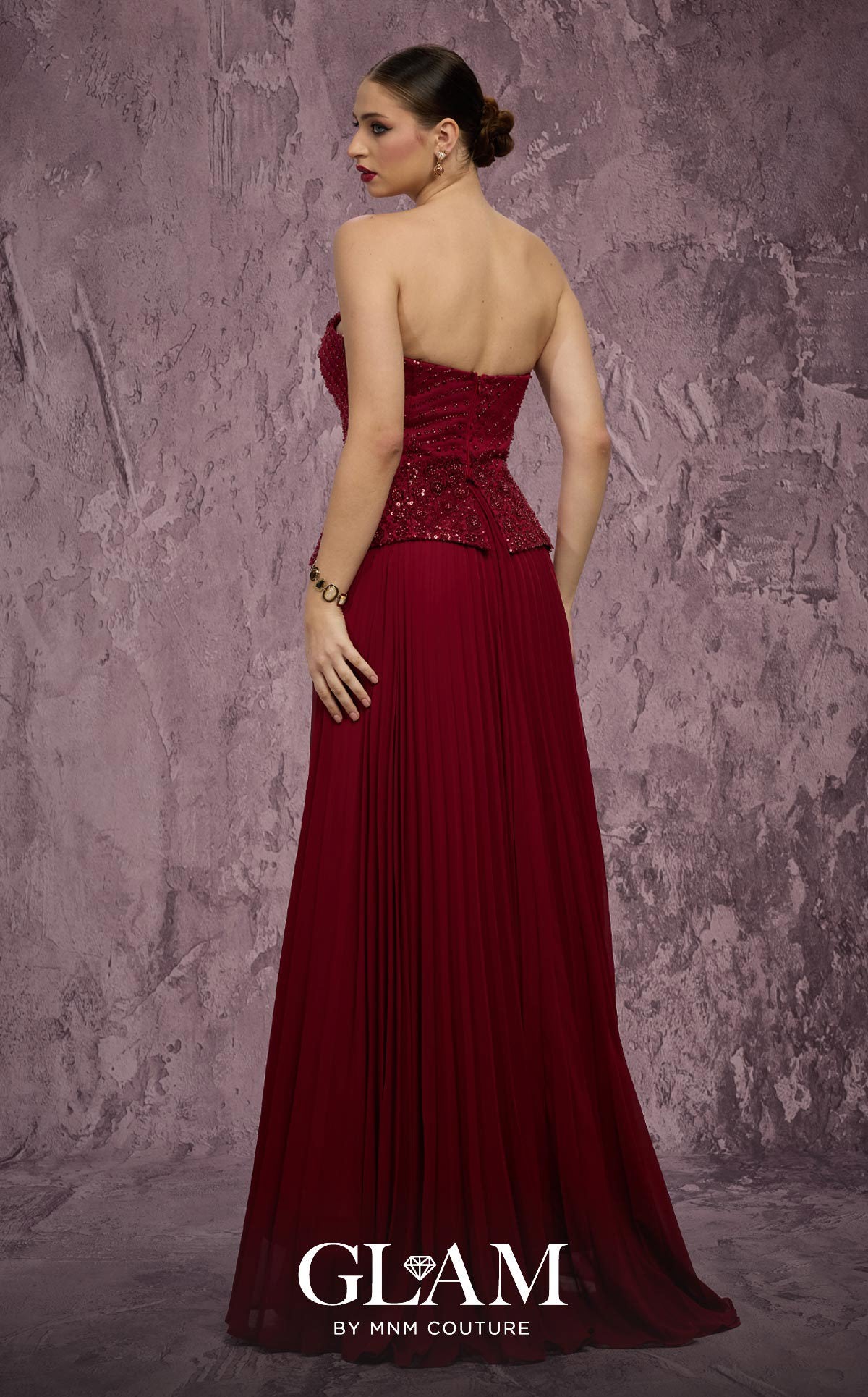 Strapless Long Sequin Prom Dress by MNM Couture Q7788 in Burgundy