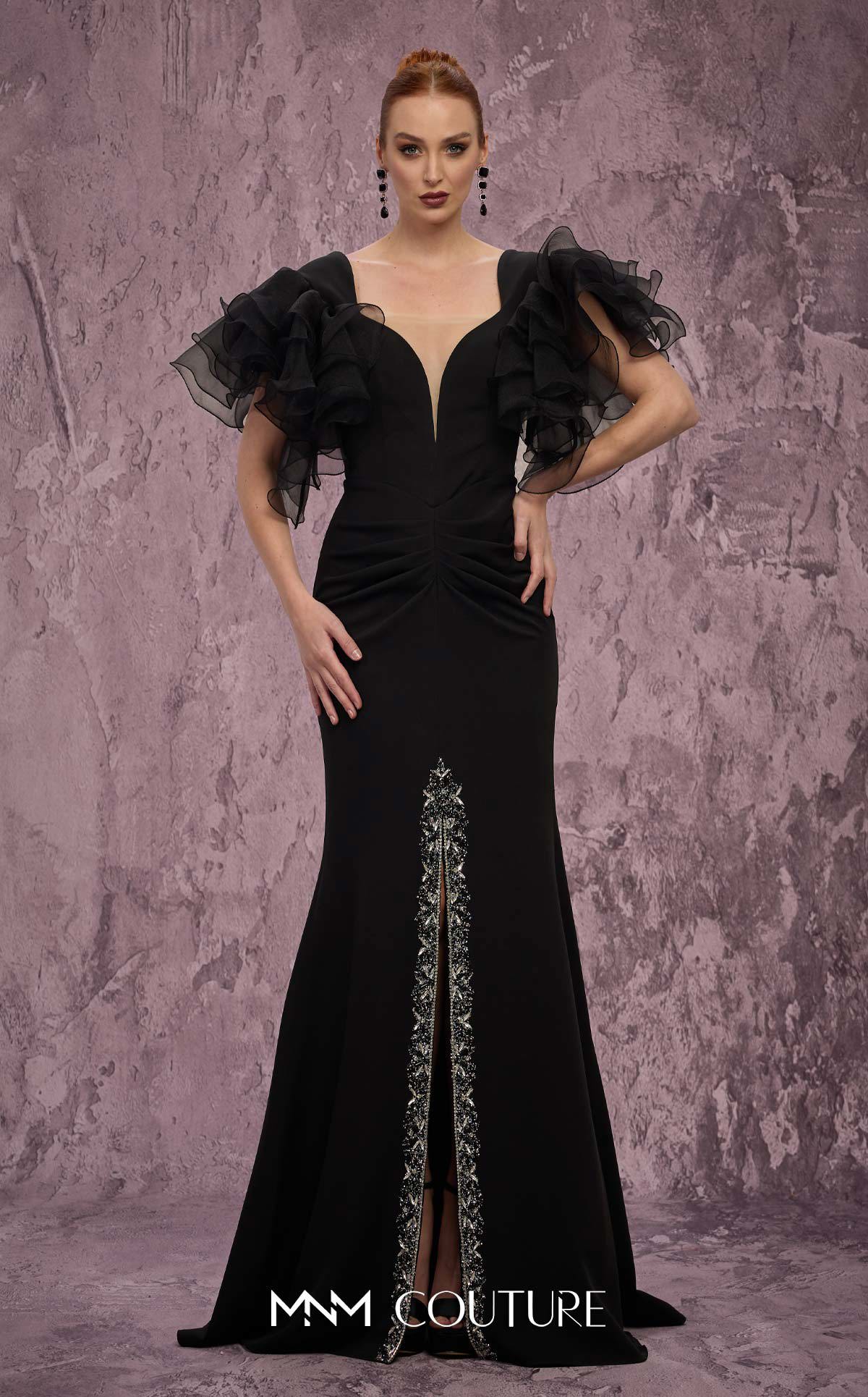 V-Neck Long Velvet Evening Gown by MNM Couture Q8022 in Black