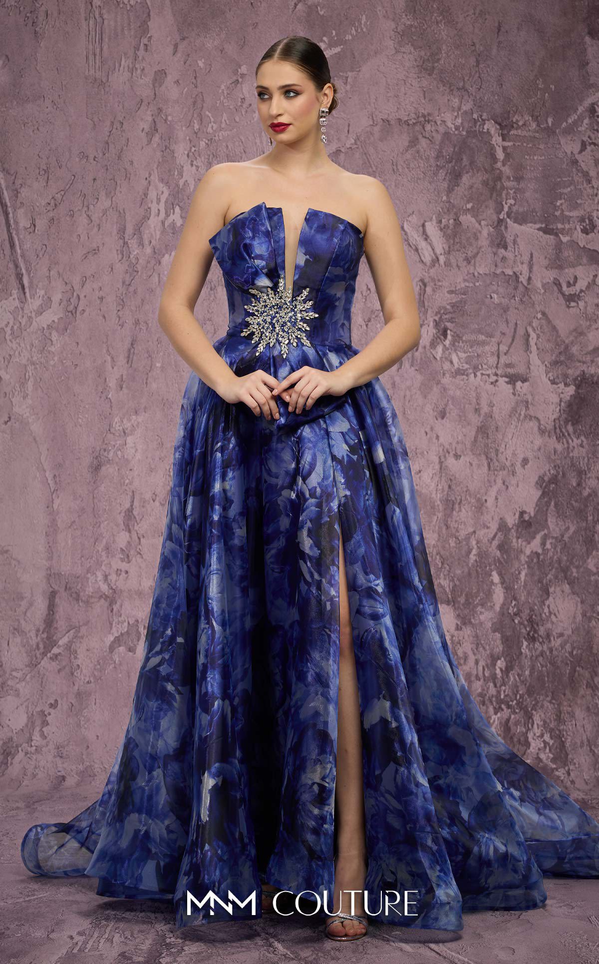 Strapless Long Floral Prom Dress by MNM Couture Q9060 in Navy/Blue