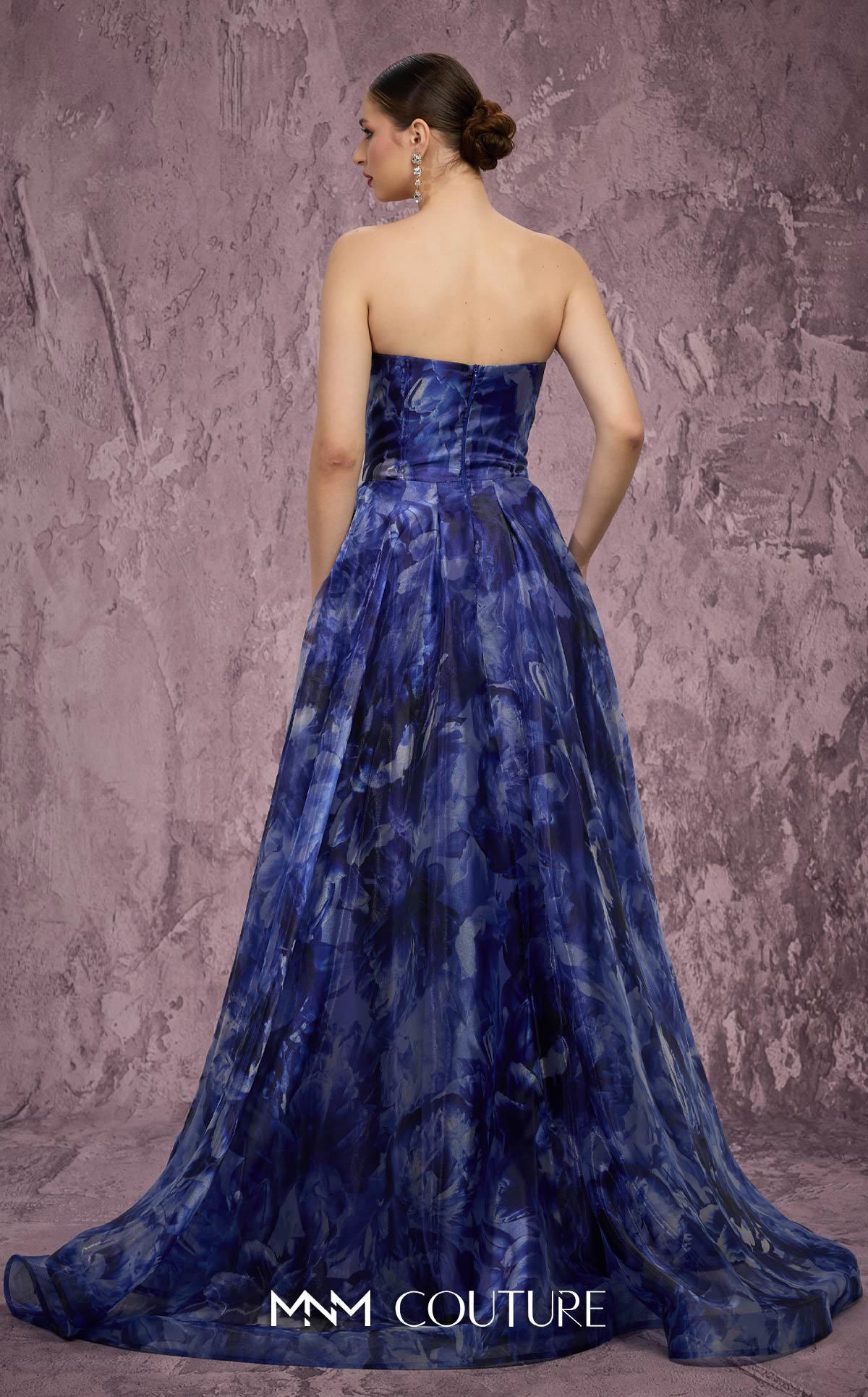 Strapless Long Floral Prom Dress by MNM Couture Q9060 in Navy/Blue