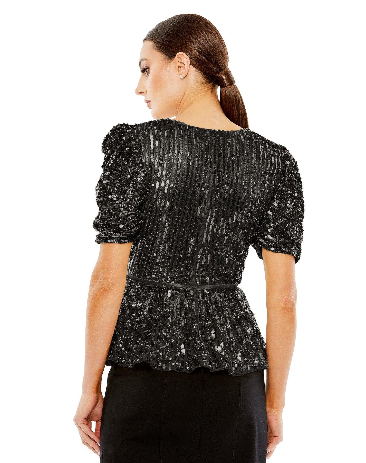 Black XL Mac Duggal R5694 Beaded Sequin Short Sleeve Top Sale