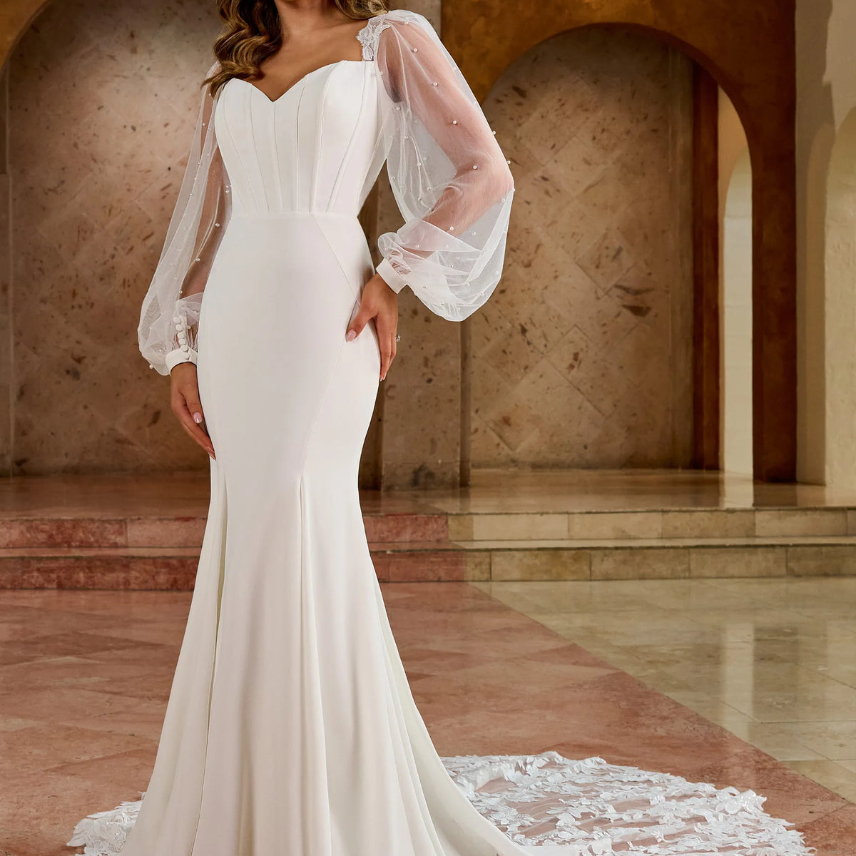 ivory evening dress with sleeves Sweetheart Floor-Length Crepe Bridal Gown Bishop Rachel Allan RB5061 pf25-drop1