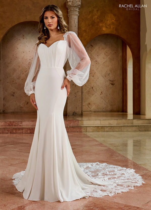 Sweetheart Floor-Length Crepe Bridal Gown Bishop Sleeves Rachel Allan RB5061