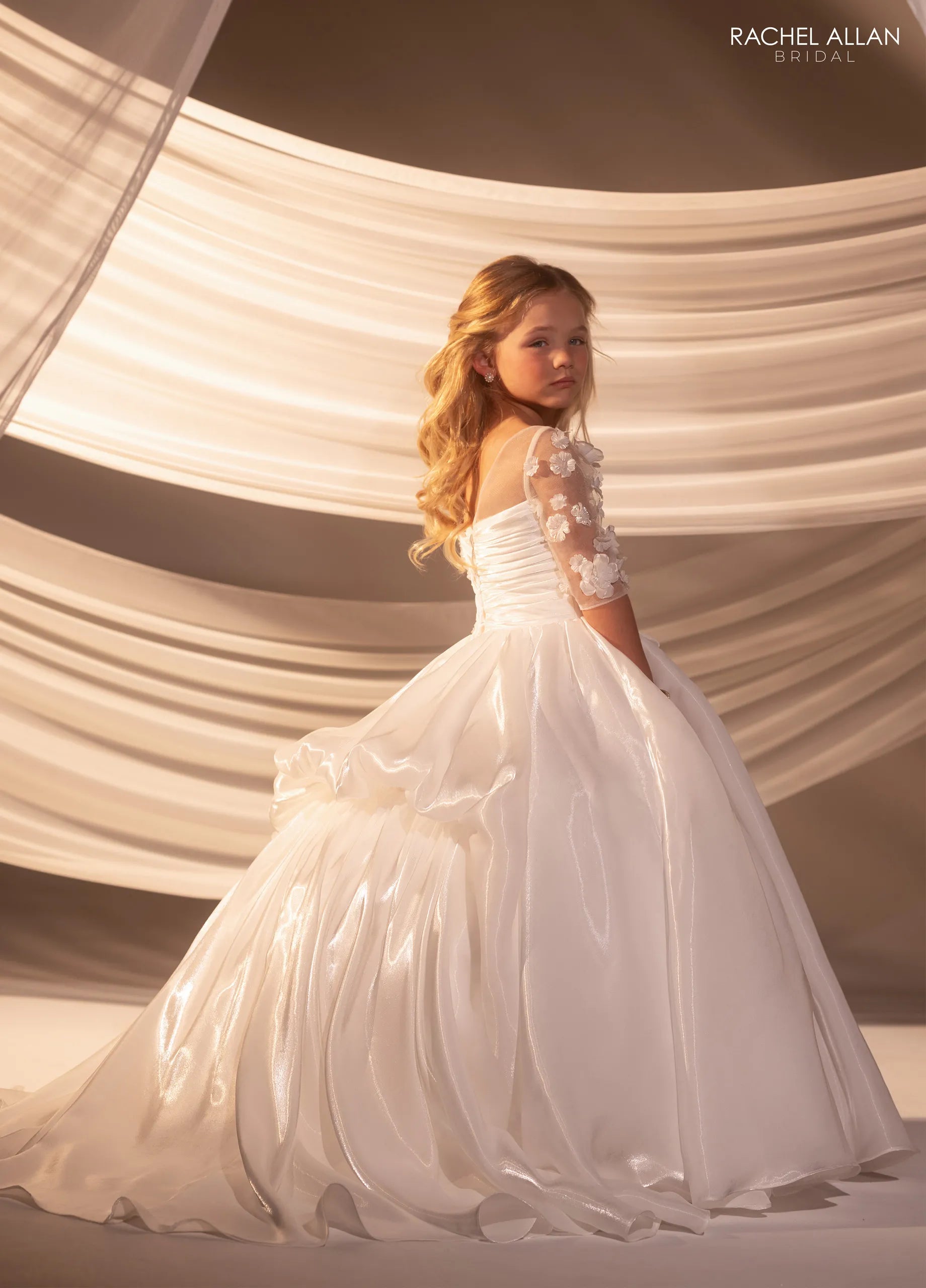 Ivory Nude Square Neck Floor-Length Crystal Satin Wedding Flower Girl Dress with 3D Floral Sleeves Rachel Allan RB9189