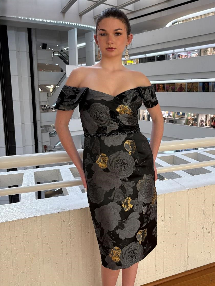 Cocktail Dresses Floral Fitted Cocktail Knee Length Dress Black Multi