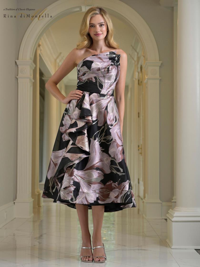 Rina di Montella RD214 A Line Floral Midi Cocktail Dress