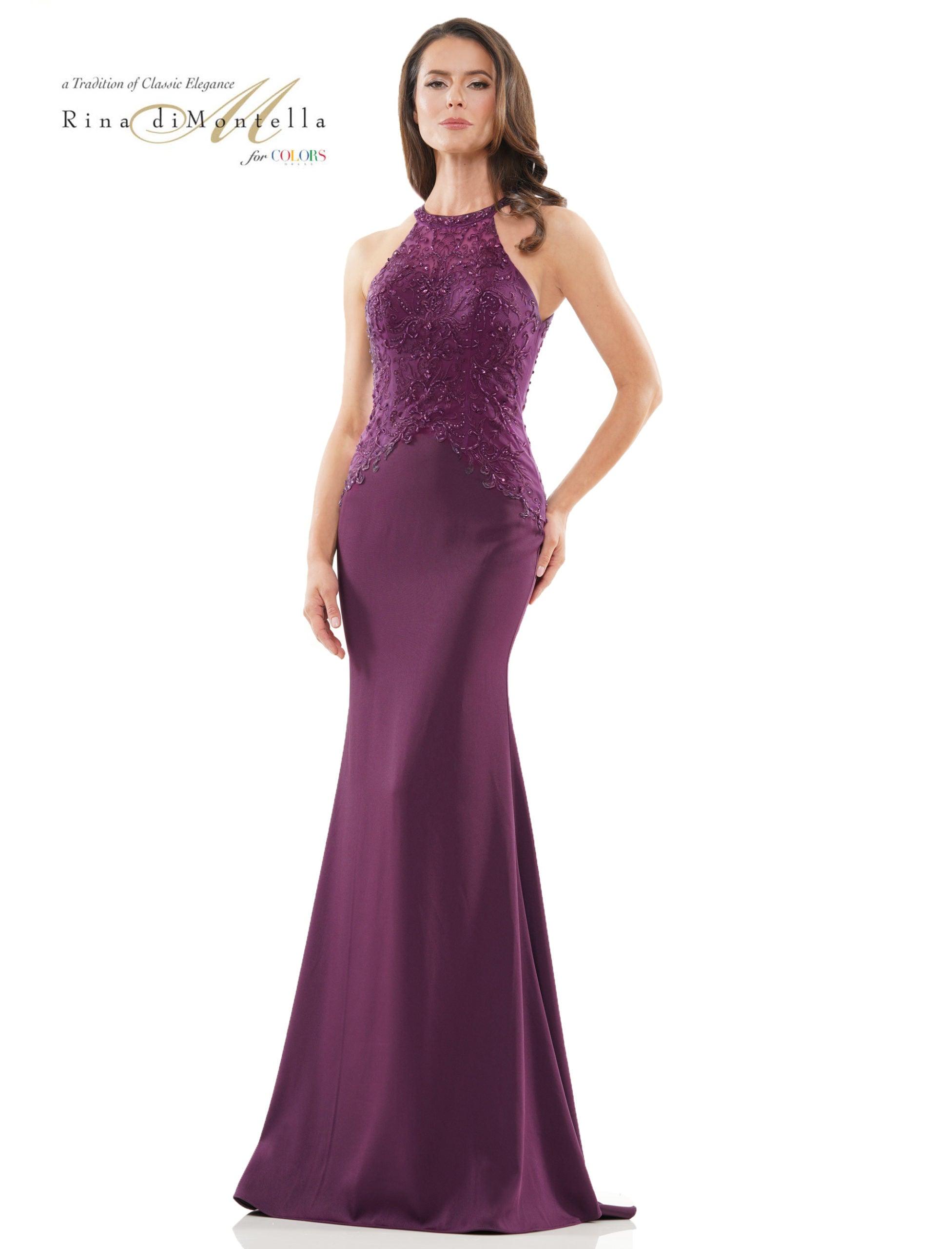 Champagne Rina di Montella Long Halter Formal Dress 2755 for