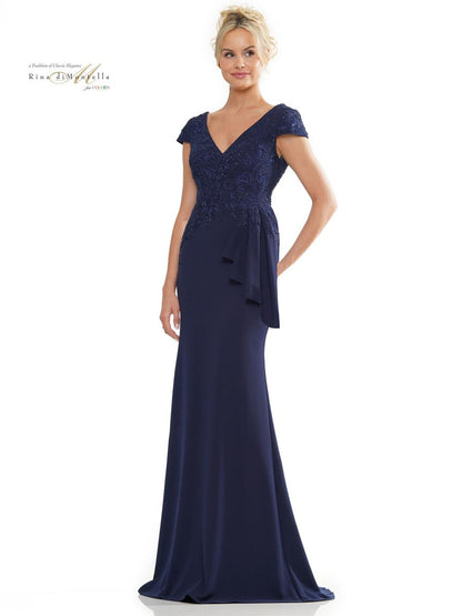 Formal Dresses Fit and Flare Side Ruffle Sash Long Formal Dress Navy