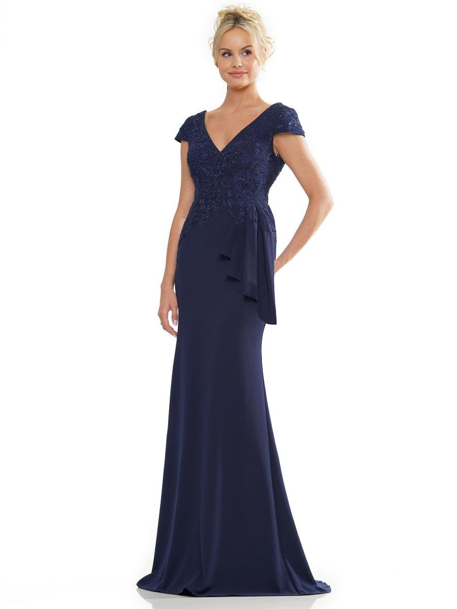 Formal Dresses Fit and Flare Side Ruffle Sash Long Formal Dress Navy