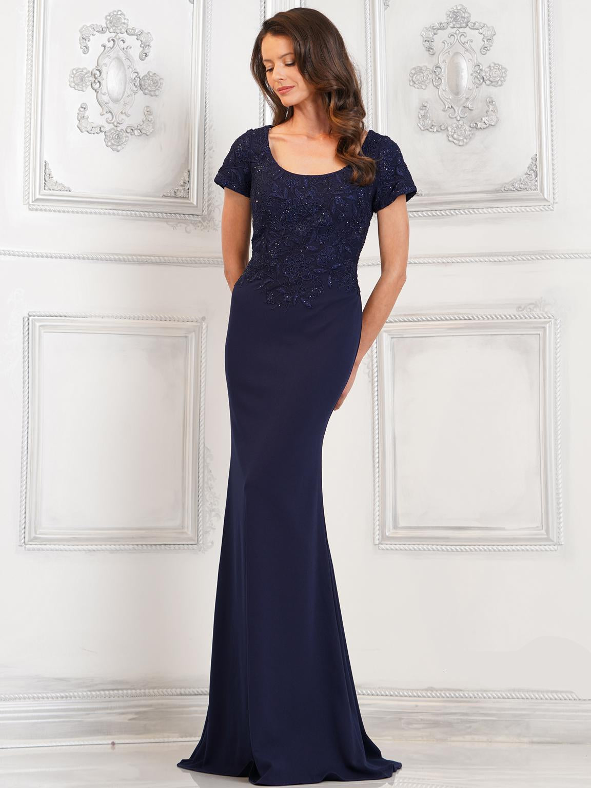 Formal Dresses Beaded Formal Fit and Flare Long Dress Navy