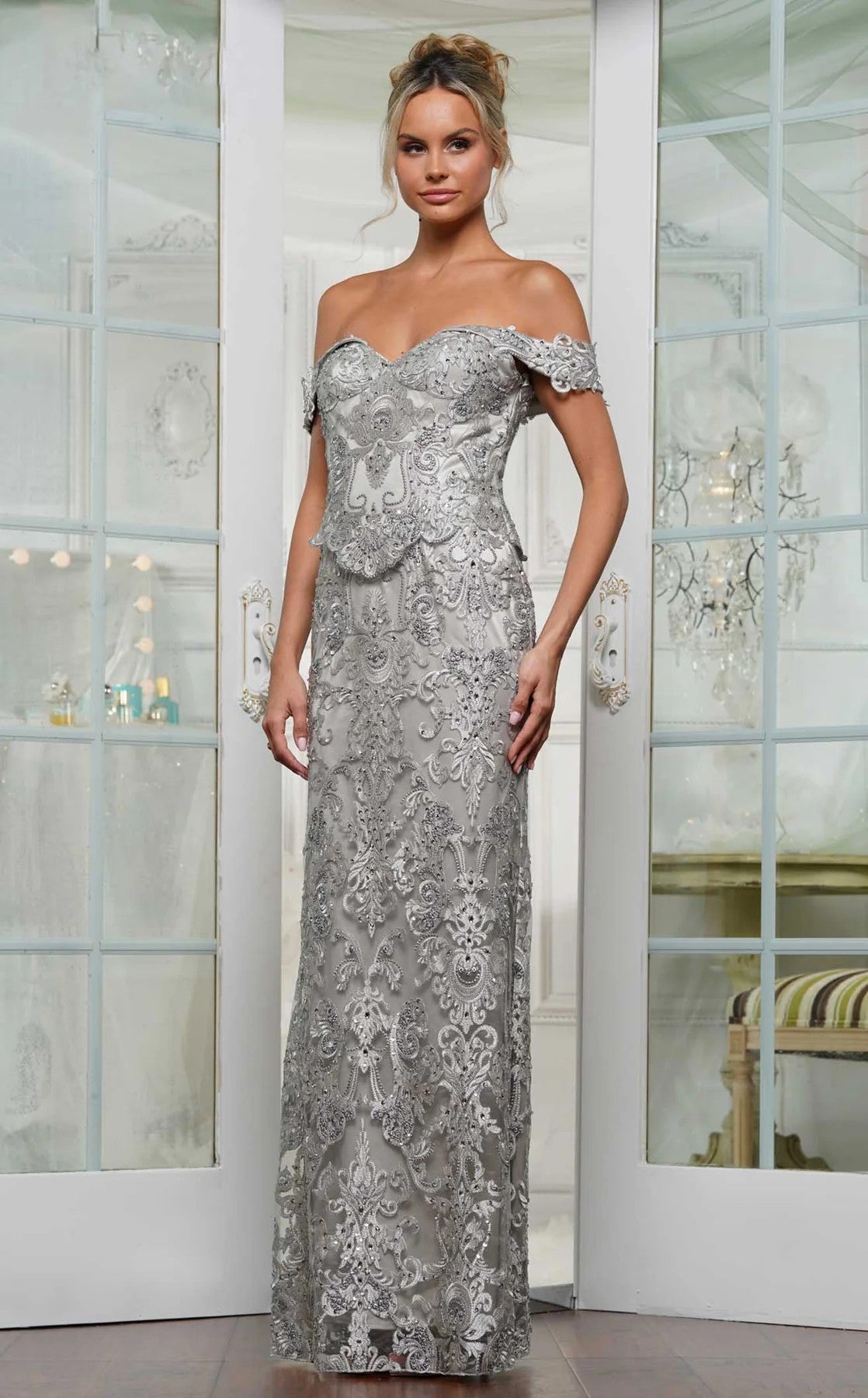 Navy Rina di Montella RD3144 Formal Long Peplum Fitted Lace Dress