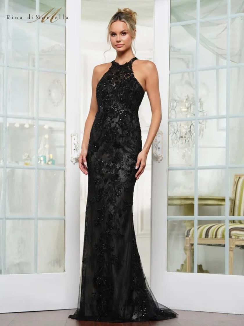 Black Rina di Montella RD3247 Beaded Long Fitted Formal Prom Dress for