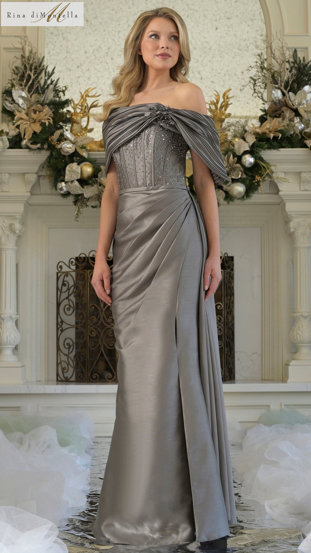 Rina di Montella RD3309 Formal Long Pleated Beaded Evening Dress