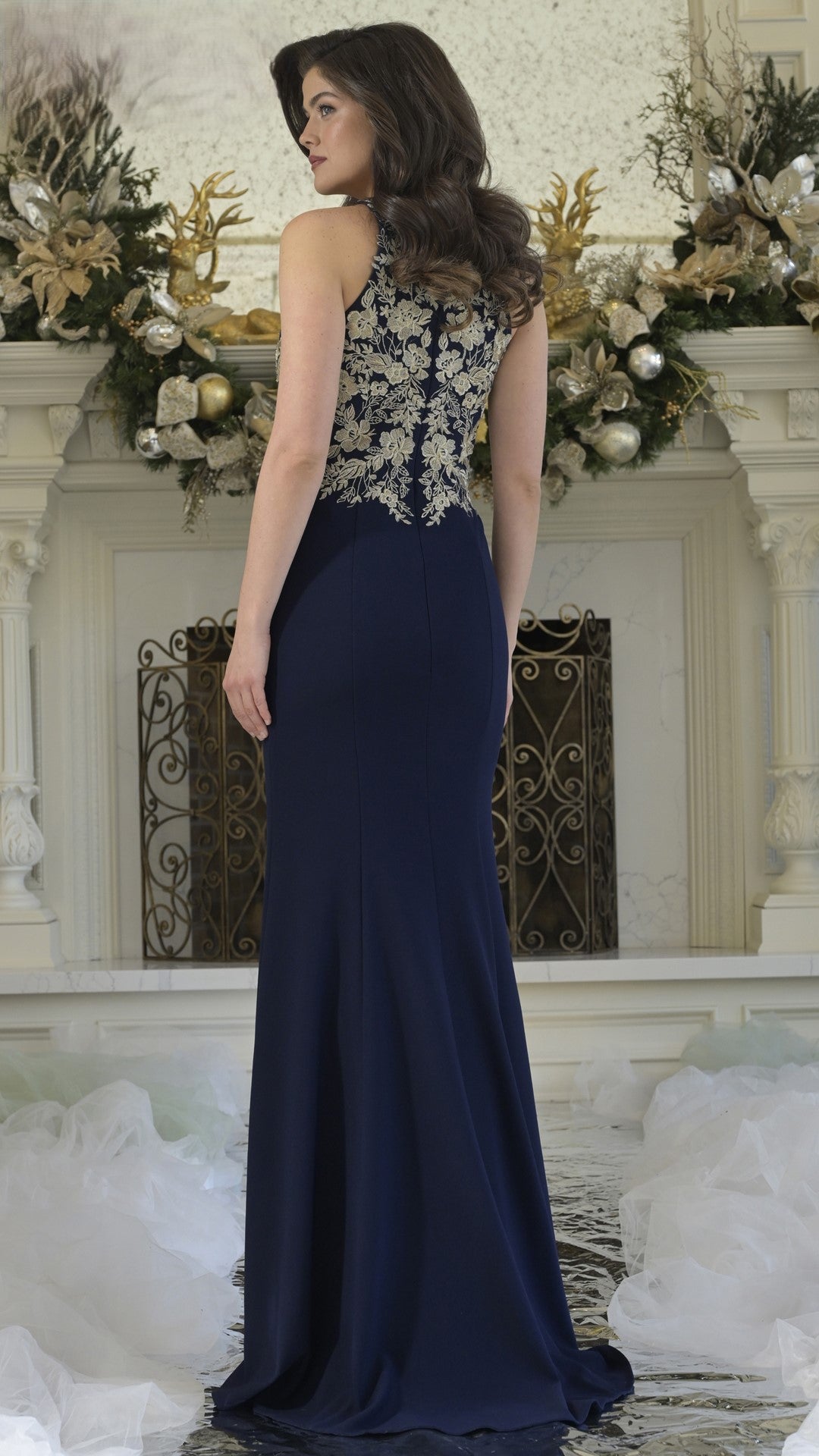 Formal Dresses Fitted Formal Long Evening Dress Navy Gold