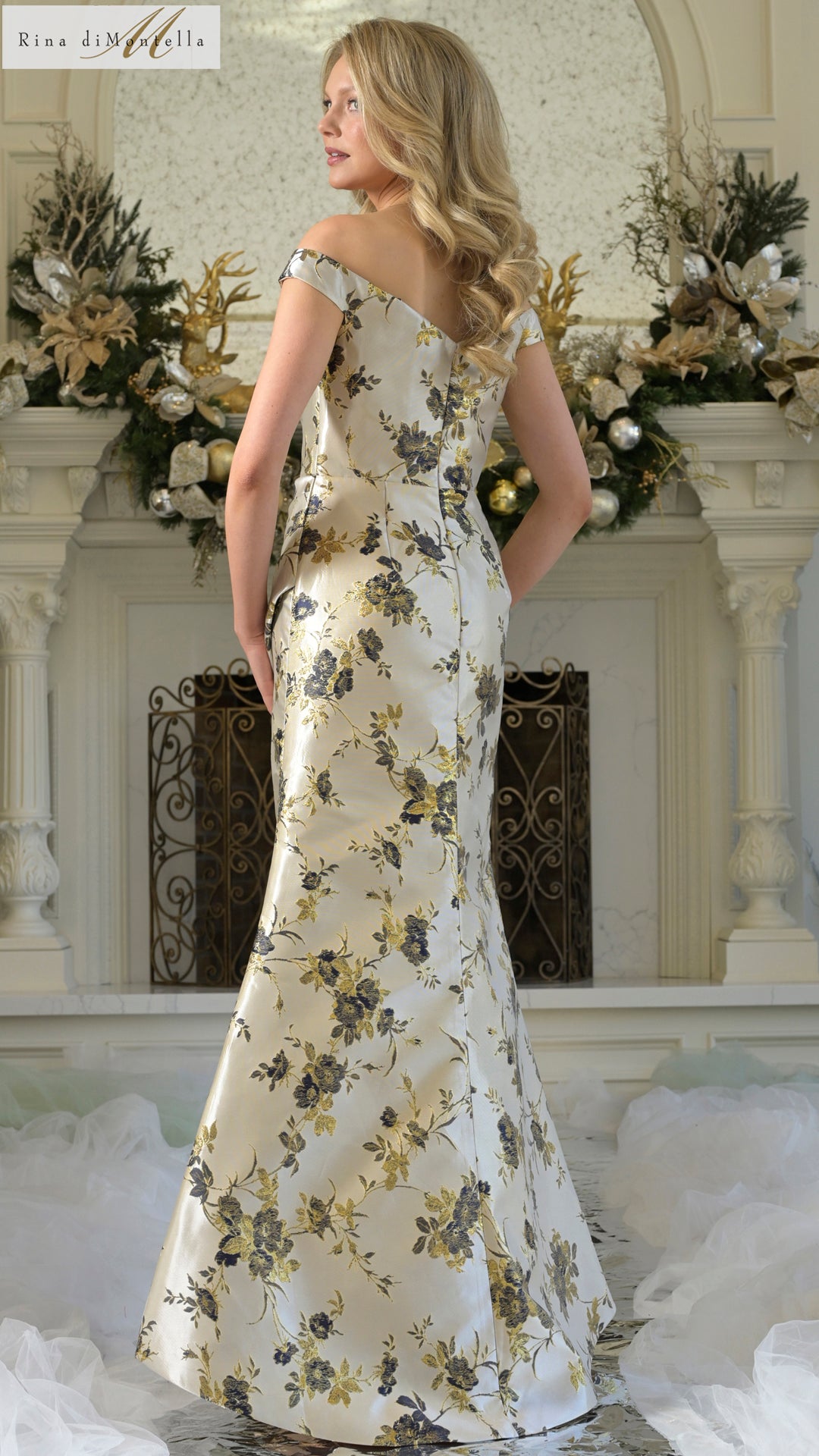 Rina di Montella RD3350 Fitted Long Formal Pleated Floral Evening Dress