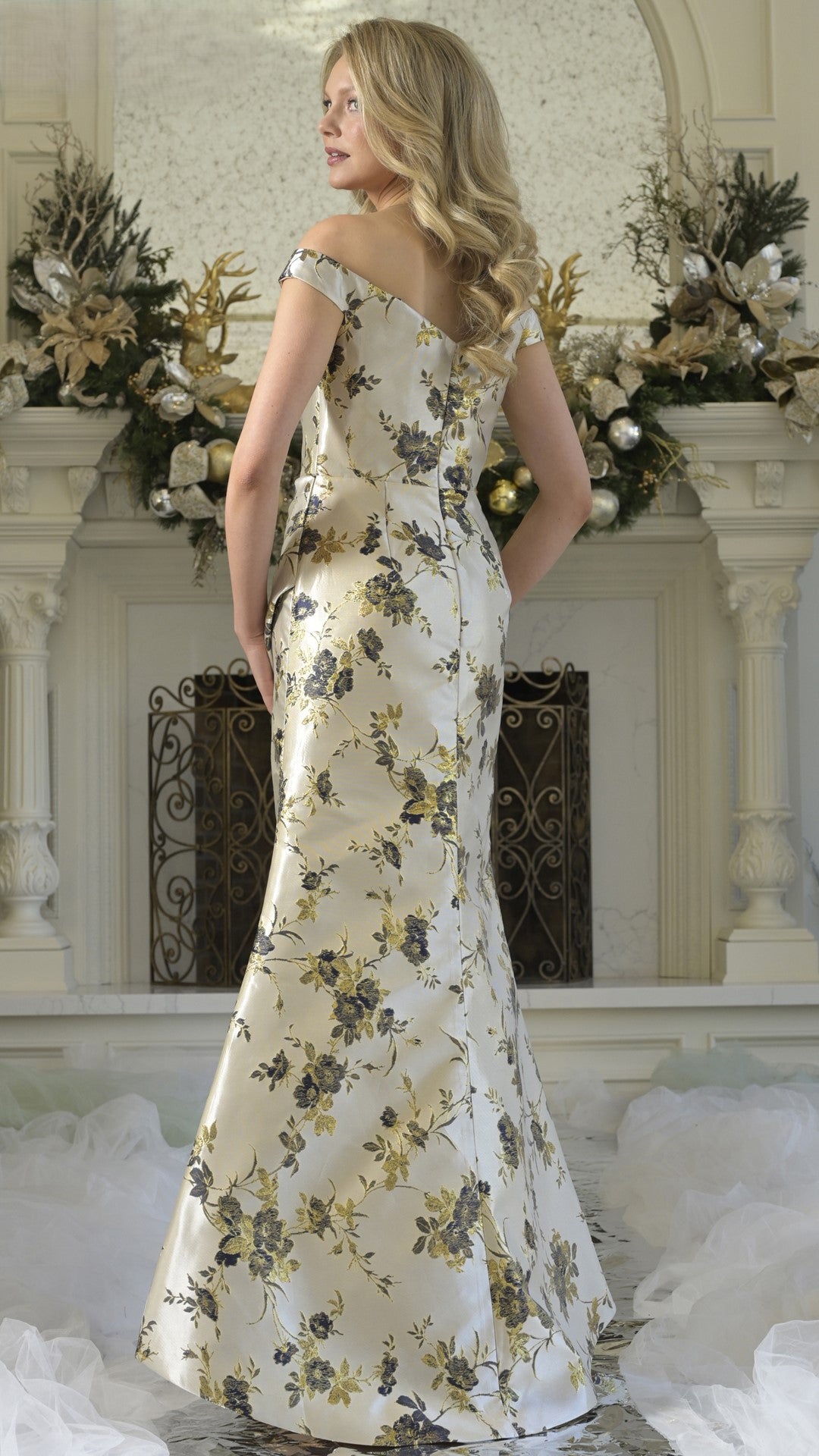 Formal Dresses Fitted Long Formal Pleated Floral Evening Dress Navy Multi