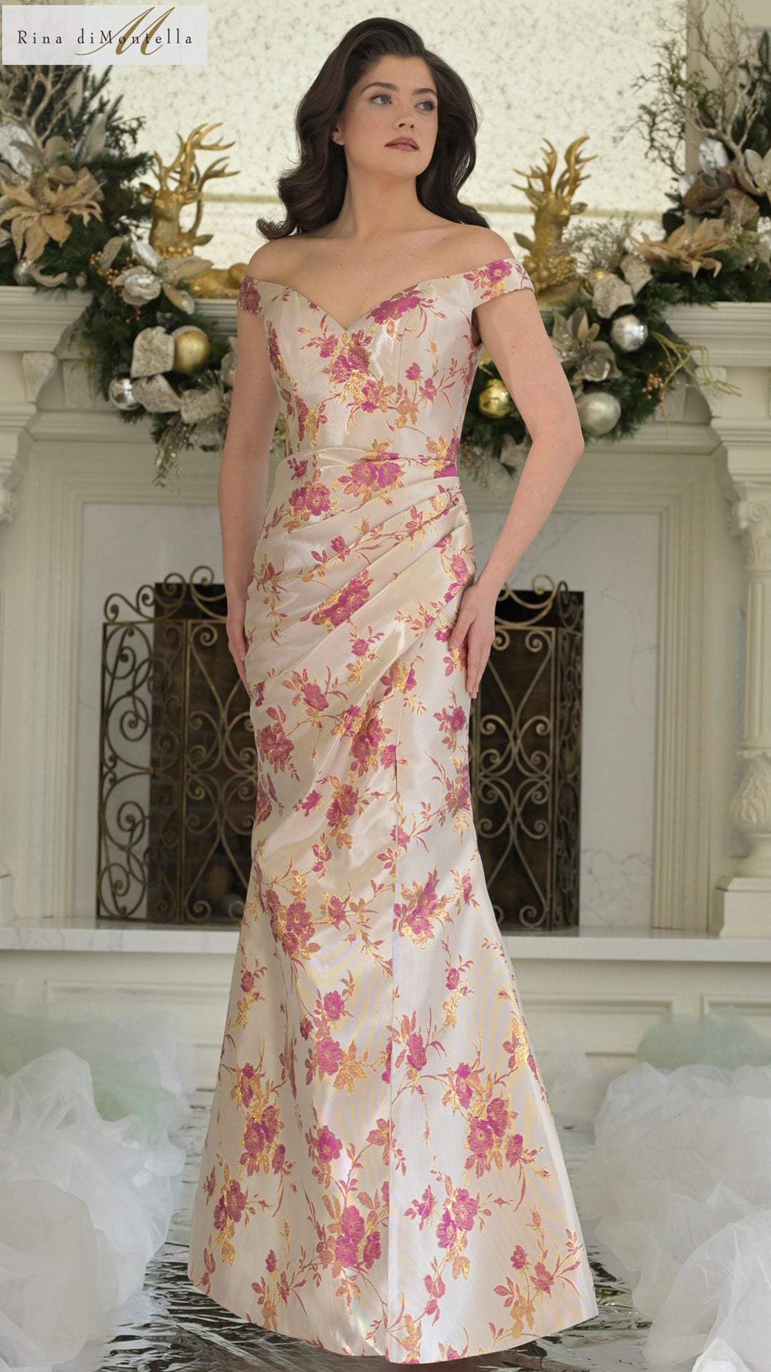 Rina di Montella RD3350 Fitted Long Formal Pleated Floral Evening Dress