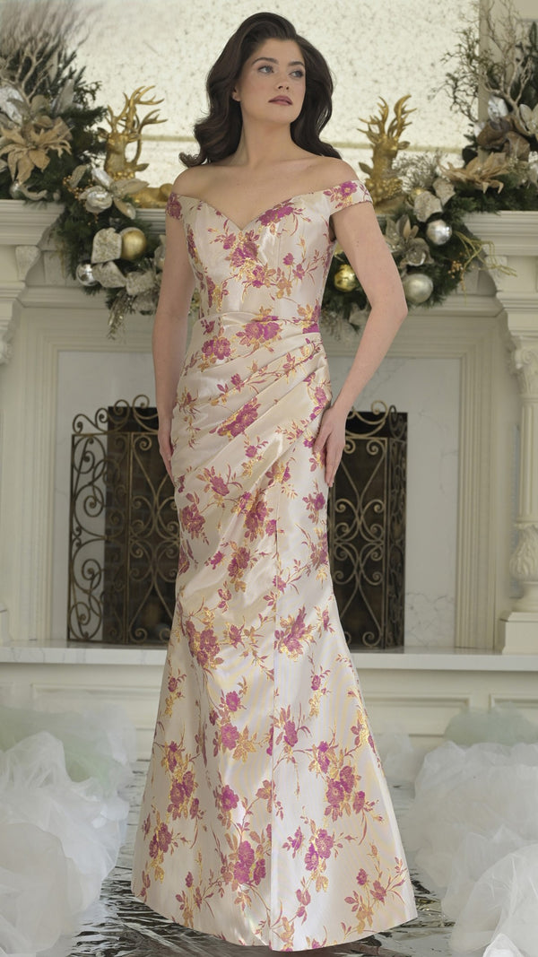Rina di Montella RD3350 Fitted Long Formal Pleated Floral Evening Dress