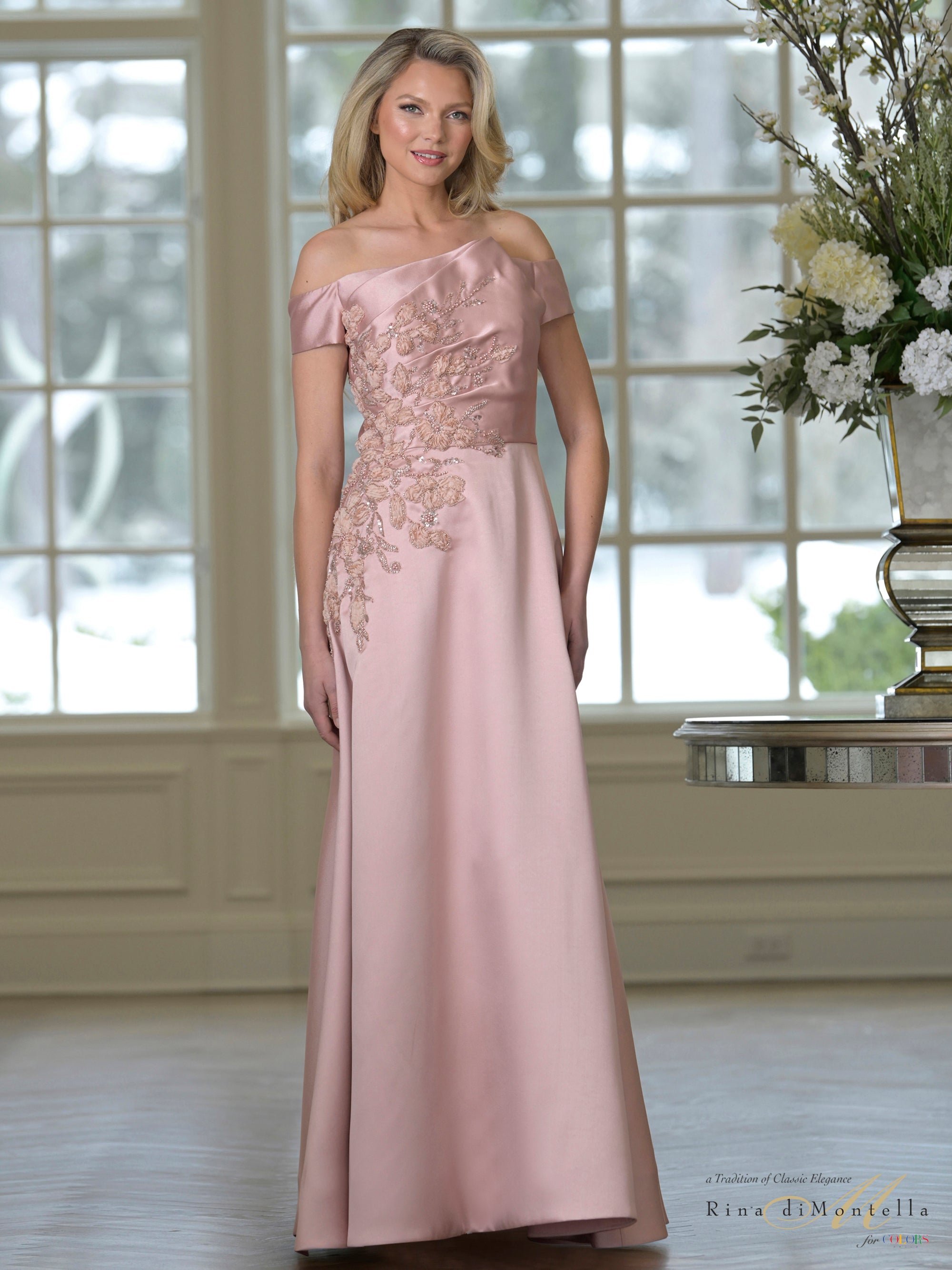 Deep Rose Off-the-Shoulder Floor-Length Mikado Formal Gown Floral Embroidery Rina di Montella RD3501