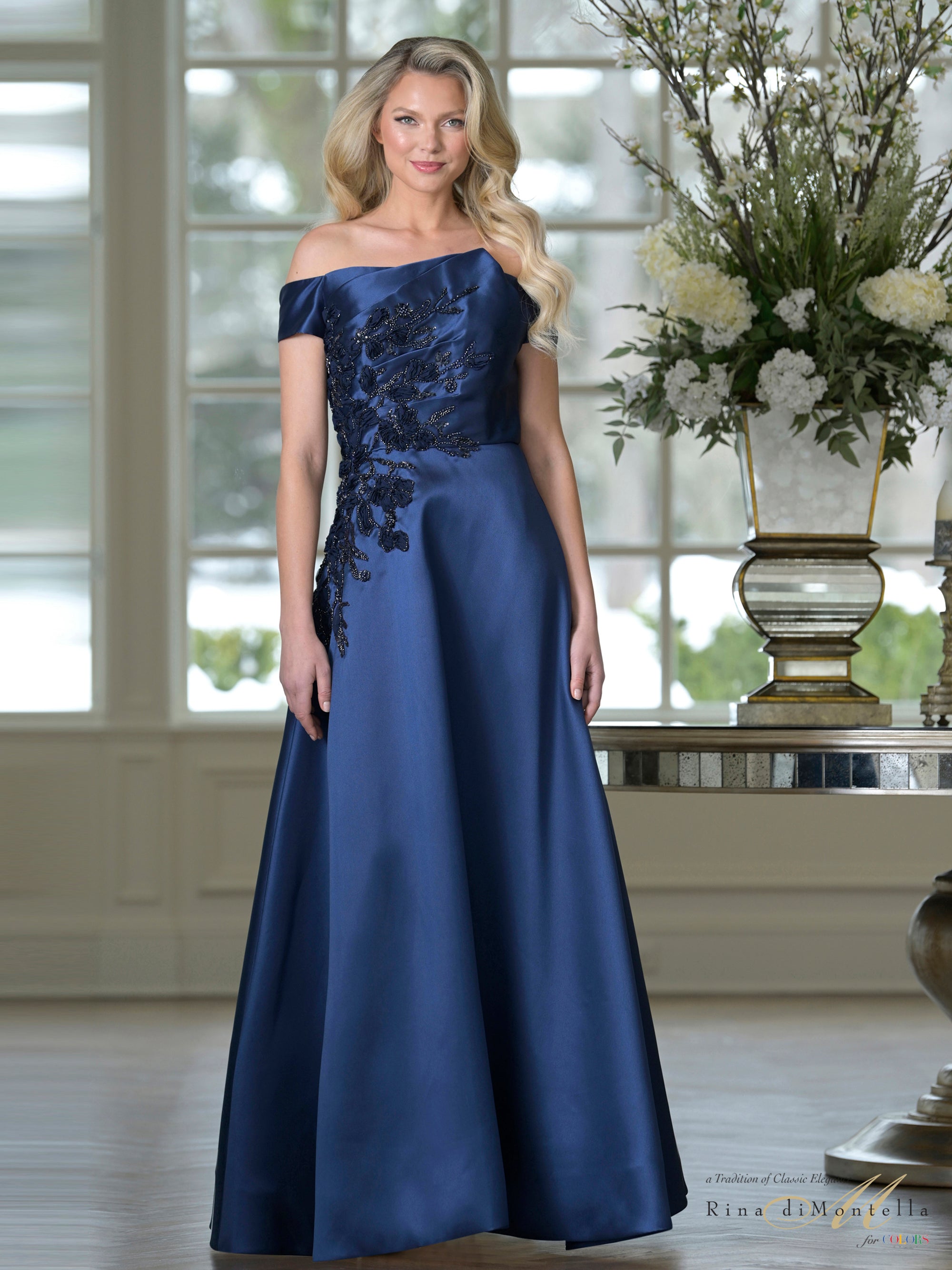 Light Navy Off-the-Shoulder Floor-Length Mikado Formal Gown Floral Embroidery Rinad di Montella RD3501