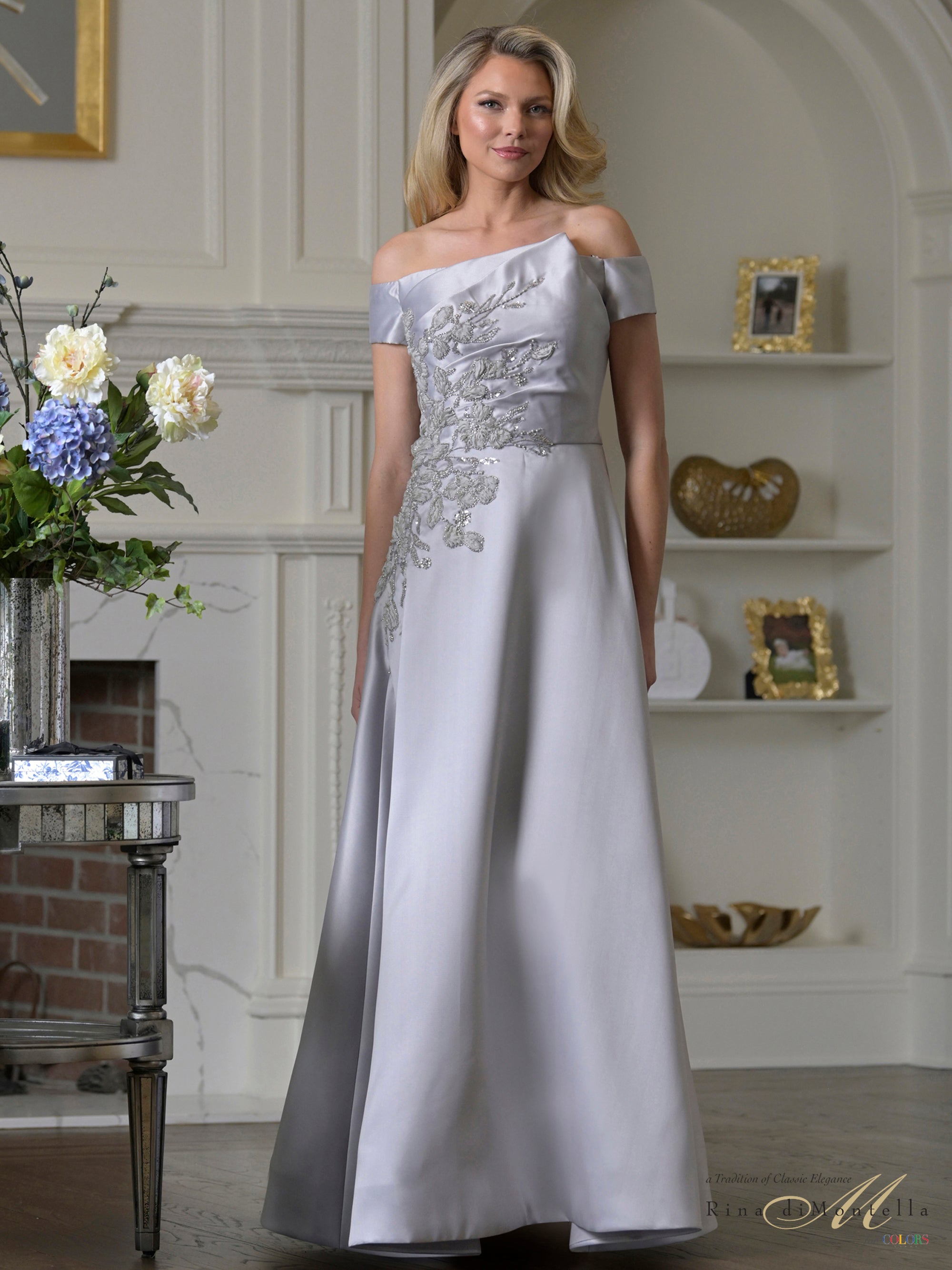 Silver Off-the-Shoulder Floor-Length Mikado Formal Gown Floral Embroidery Rina di Montella RD3501