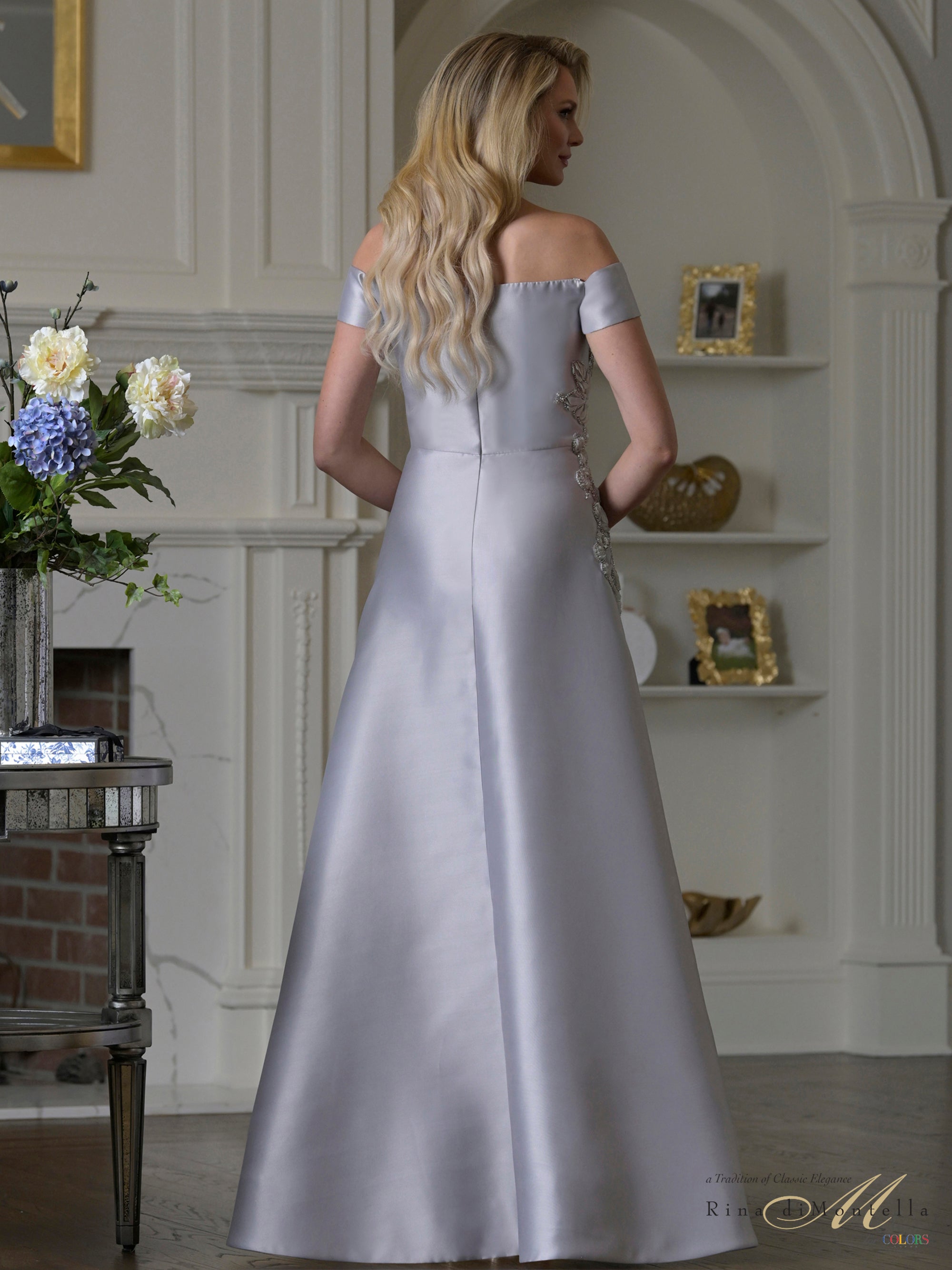 Silver Off-the-Shoulder Floor-Length Mikado Formal Gown Floral Embroidery Rina di Montella RD3501
