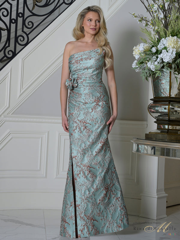 Strapless Floor-Length Floral Jacquard Prom Gown Side Slit Rina di Montella RD3502