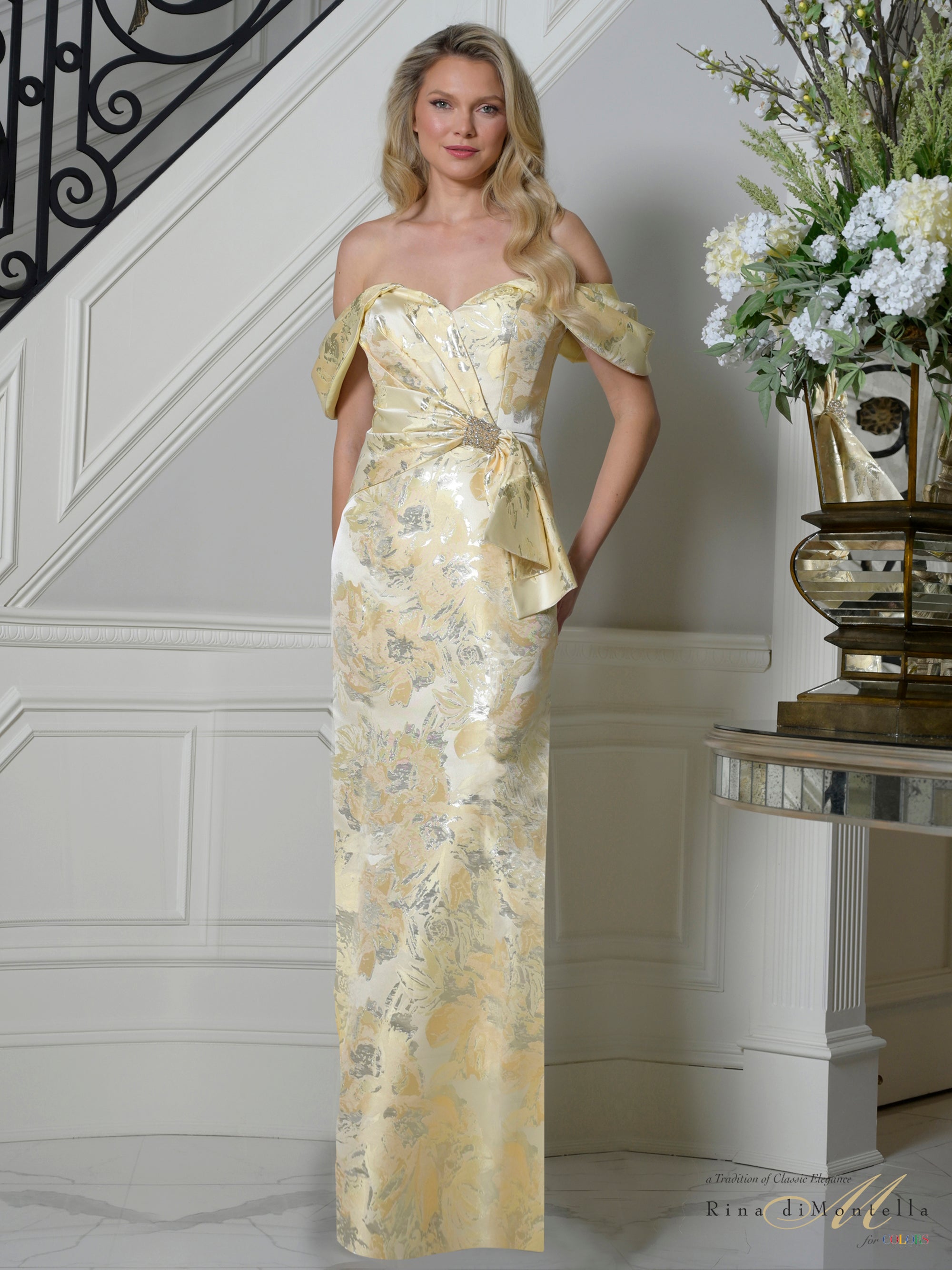 Canary Off-the-Shoulder Floor-Length Floral Jacquard Formal Gown Jeweled Waist Rina di Montella RD3503