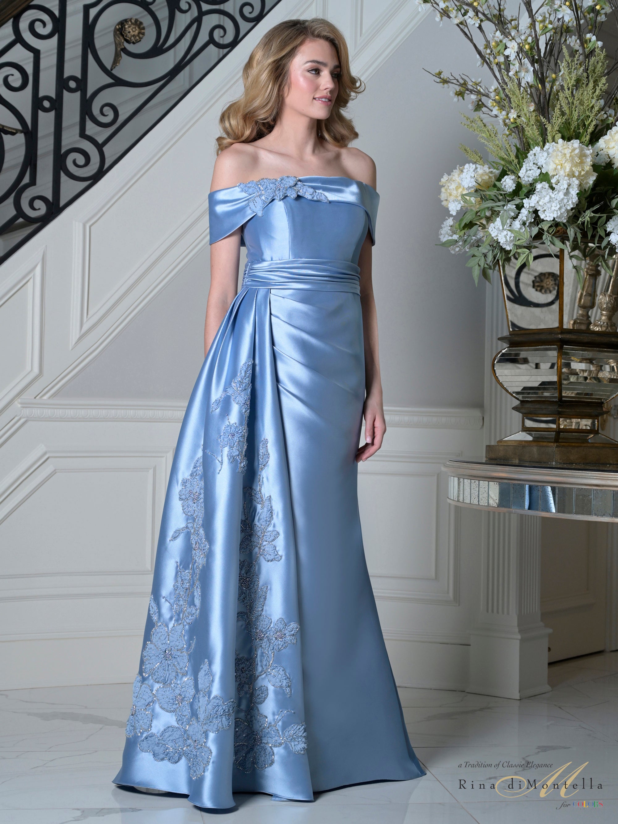 Sky Blue Off-the-Shoulder Floor-Length Mikado Gown Embroidered Side Drape Rina di Montella RD3504