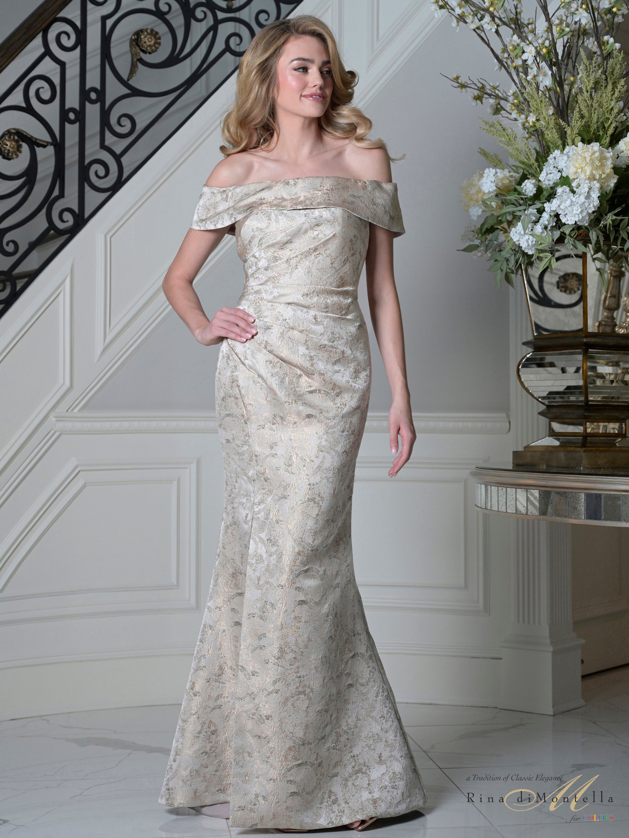 Champagne Off-the-Shoulder Floor-Length Jacquard Evening Gown with Side Slit Rina di Montella RD3511