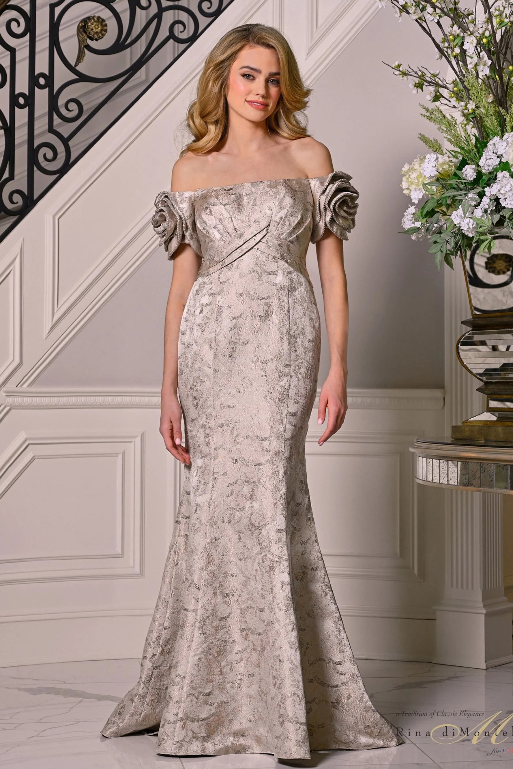 Champagne Off-the-Shoulder Floor-Length Jacquard Evening Mermaid Gown Rosette Sleeve Rina di Montella RD3512