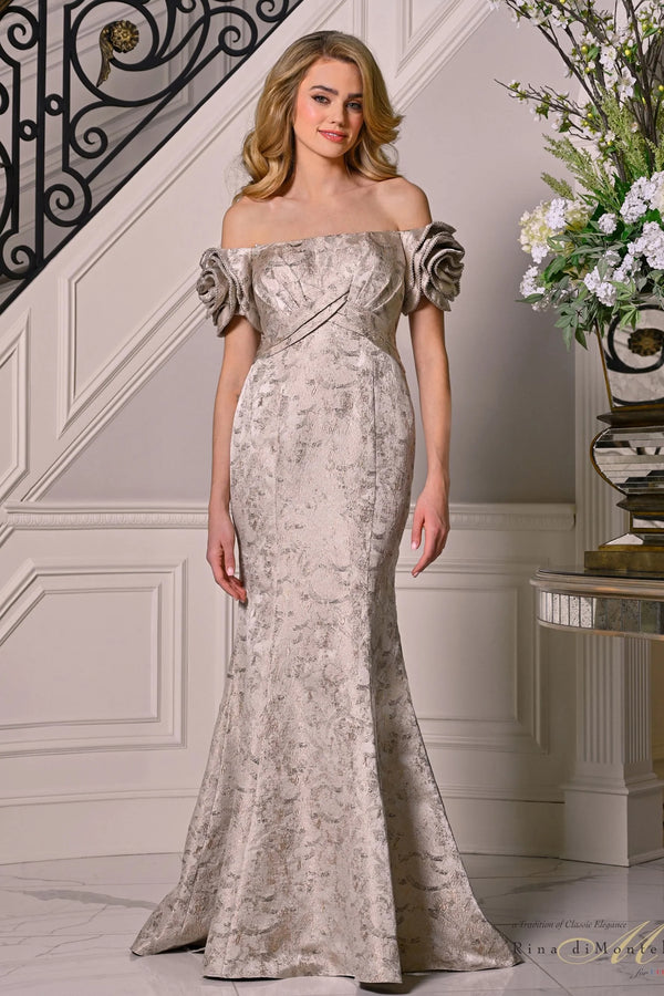 Off-the-Shoulder Floor-Length Jacquard Evening Mermaid Gown Rosette Sleeve Rina di Montella RD3512