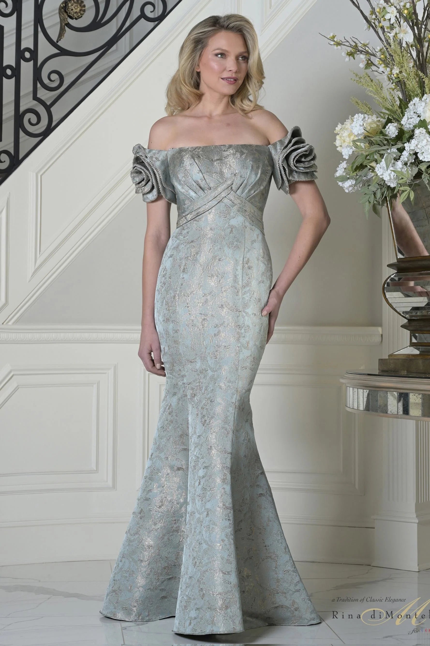 Deep Sage Off-the-Shoulder Floor-Length Jacquard Evening Mermaid Gown Rosette Sleeve Rina di Montella RD3512
