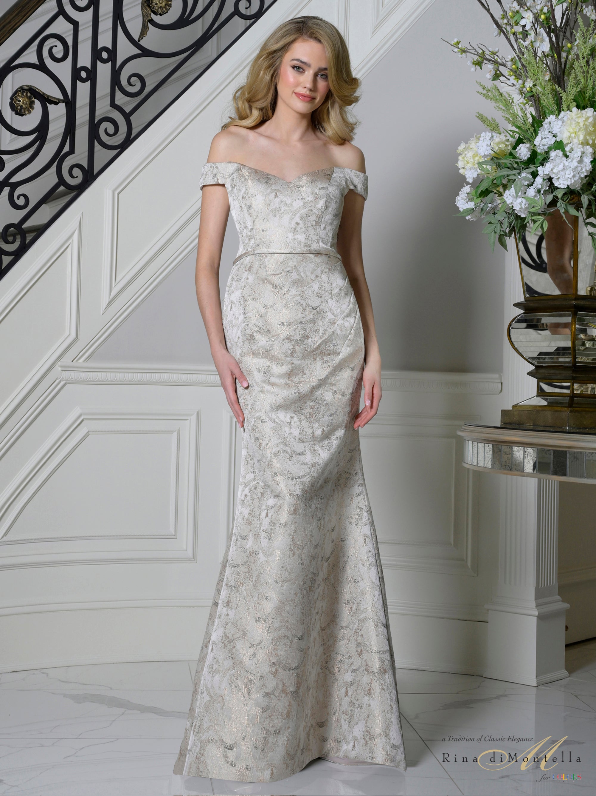 Champagne Off-the-Shoulder Floor-Length Jacquard Formal Evening Mermaid Gown Rina di Montella RD3513