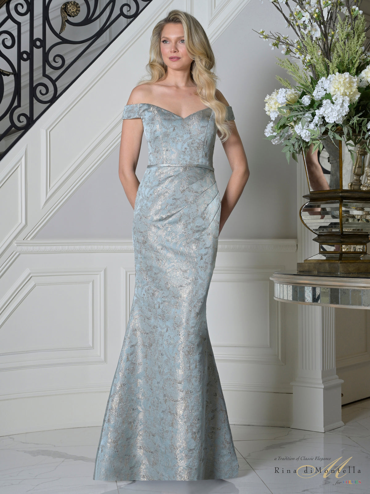 Deep Sage Off-the-Shoulder Floor-Length Jacquard Formal Evening Mermaid Gown Rina di Montella RD3513
