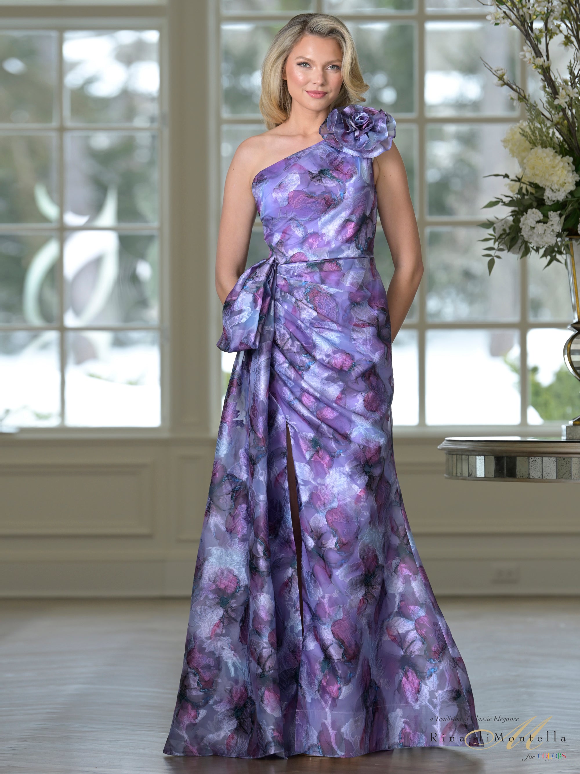 Purple Lavender One-Shoulder Floor-Length Floral Jacquard Formal Evening Gown Side Slit Rina di Montella RD3517
