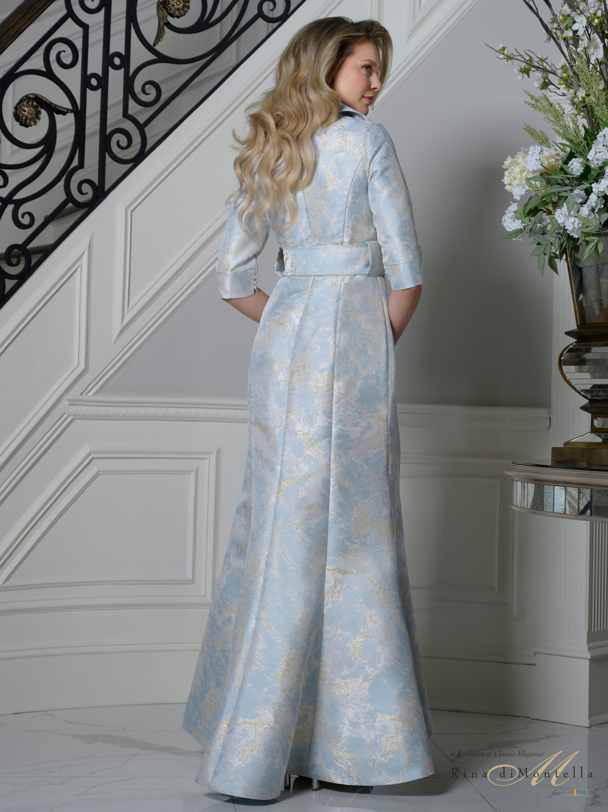Blue Portrait Collar Floor-Length Jacquard Formal Evening A-Line Gown 3/4 Sleeves Rina di Montella RD3521