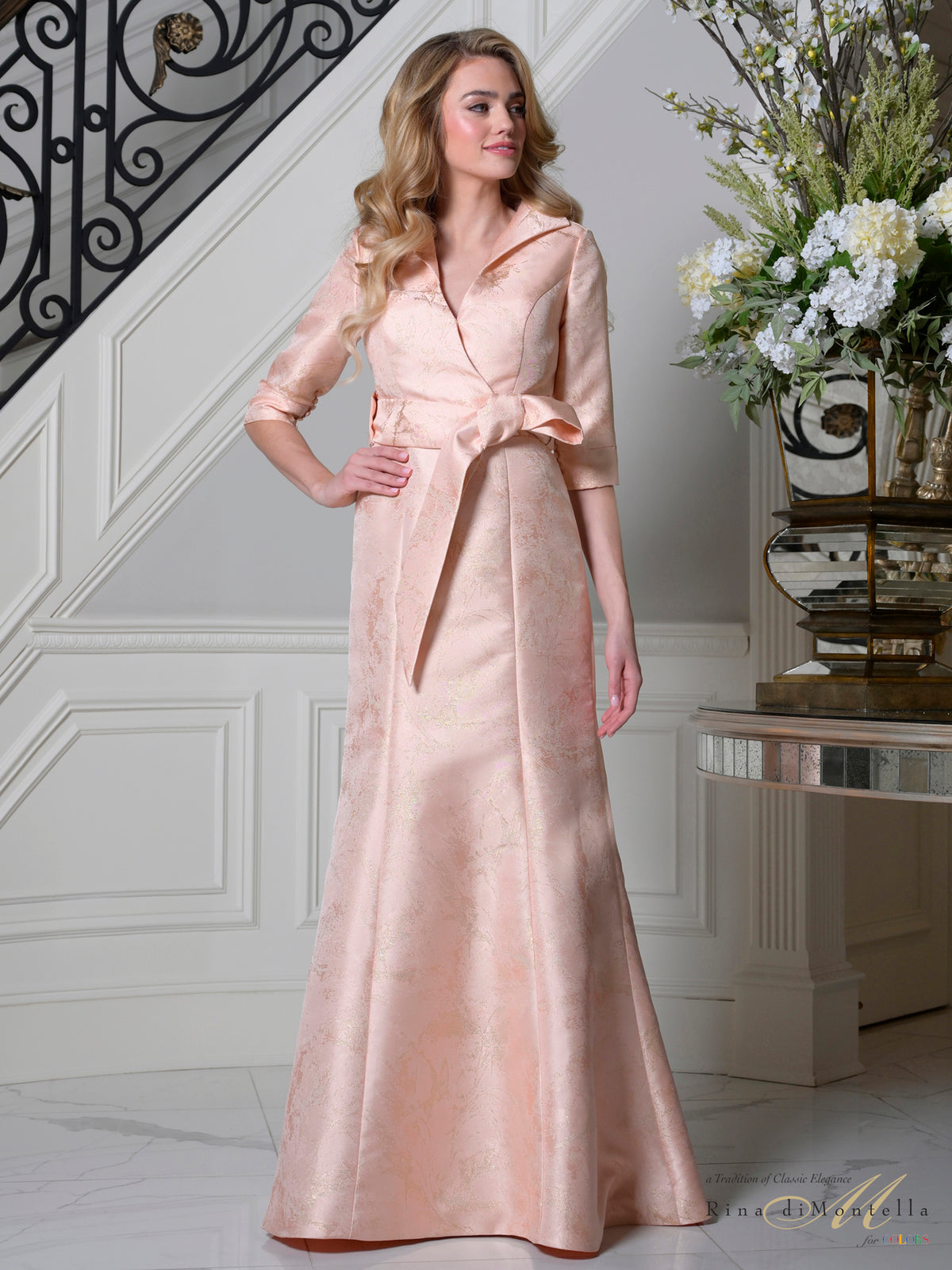Blush Portrait Collar Floor-Length Jacquard Formal Evening A-Line Gown 3/4 Sleeves Rina di Montella RD3521