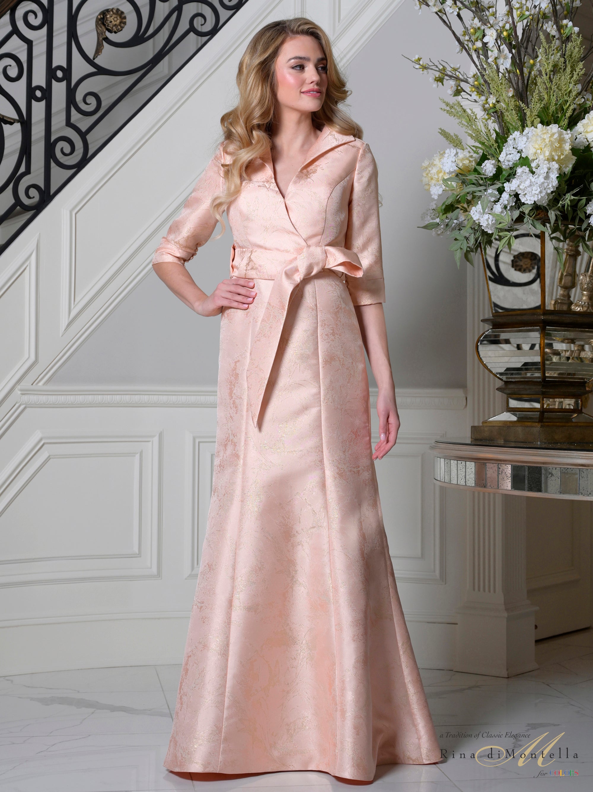 Blush Portrait Collar Floor-Length Jacquard Formal Evening A-Line Gown 3/4 Sleeves Rina di Montella RD3521