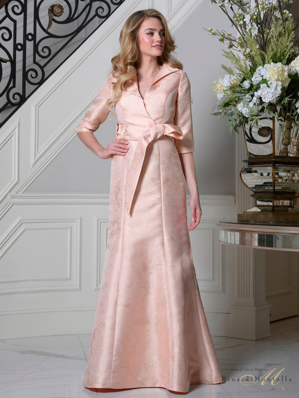 Portrait Collar Floor-Length Jacquard Formal Evening A-Line Gown 3/4 Sleeves Rina di Montella RD3521