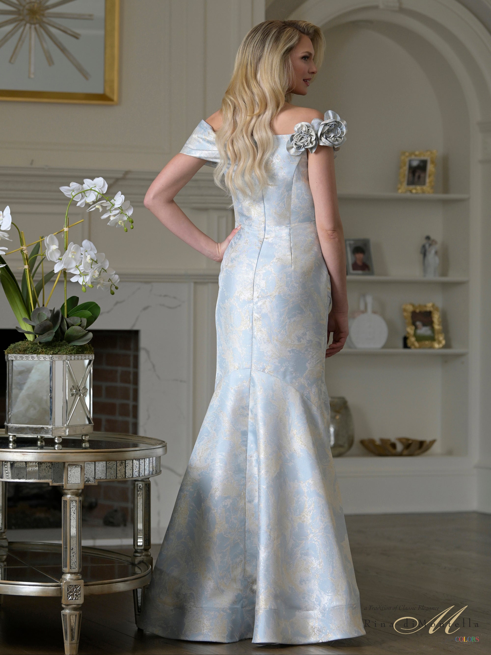 Blue Off-the-Shoulder Floor-Length Jacquard Formal Evening Mermaid Gown Rosette Accents Rina Di Montella RD3522