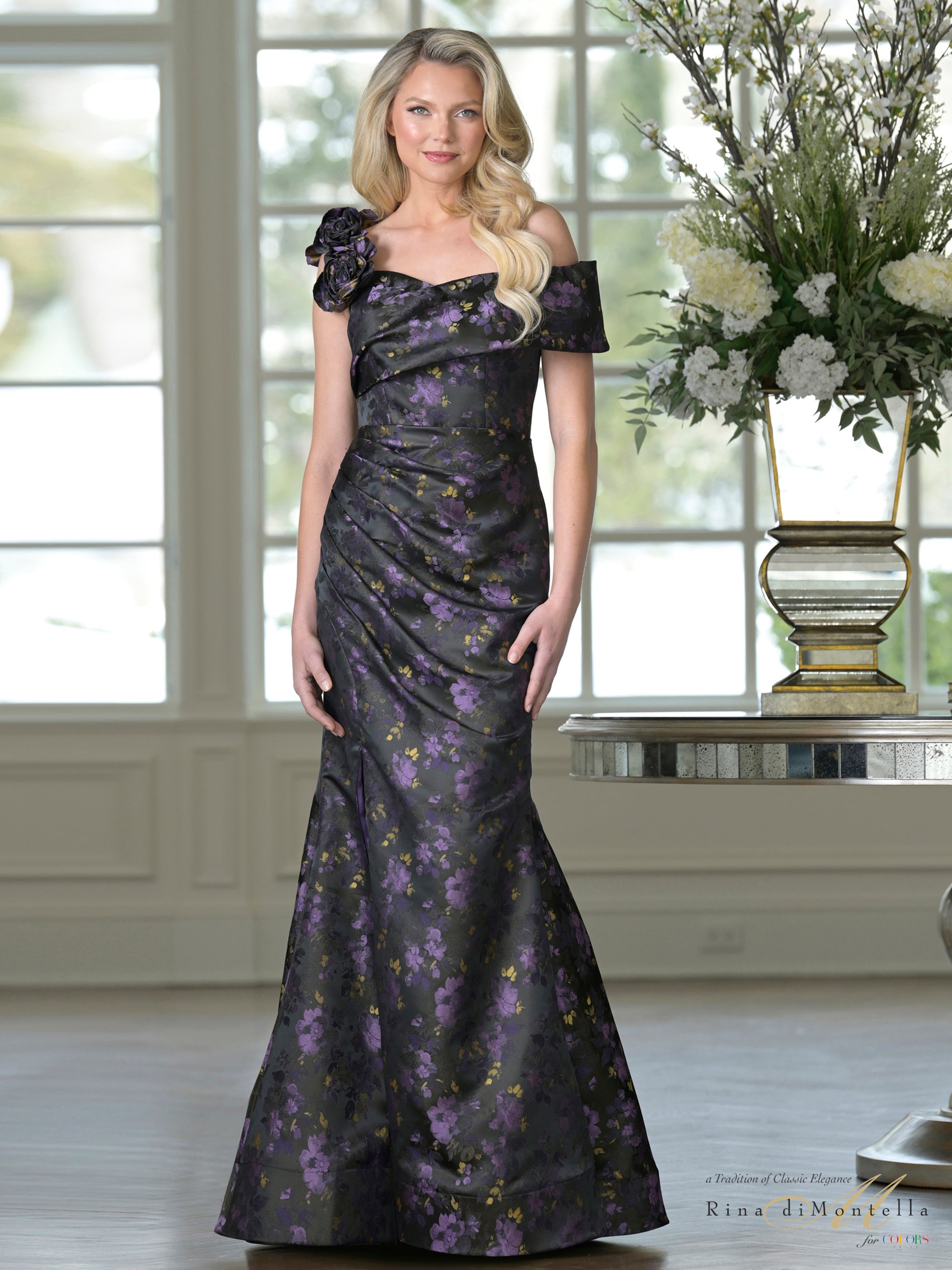 Black Purple Off-the-Shoulder Floor-Length Floral Jacquard Formal Evening Mermaid Gown Rosette Accents Rina Di Montella RD3523