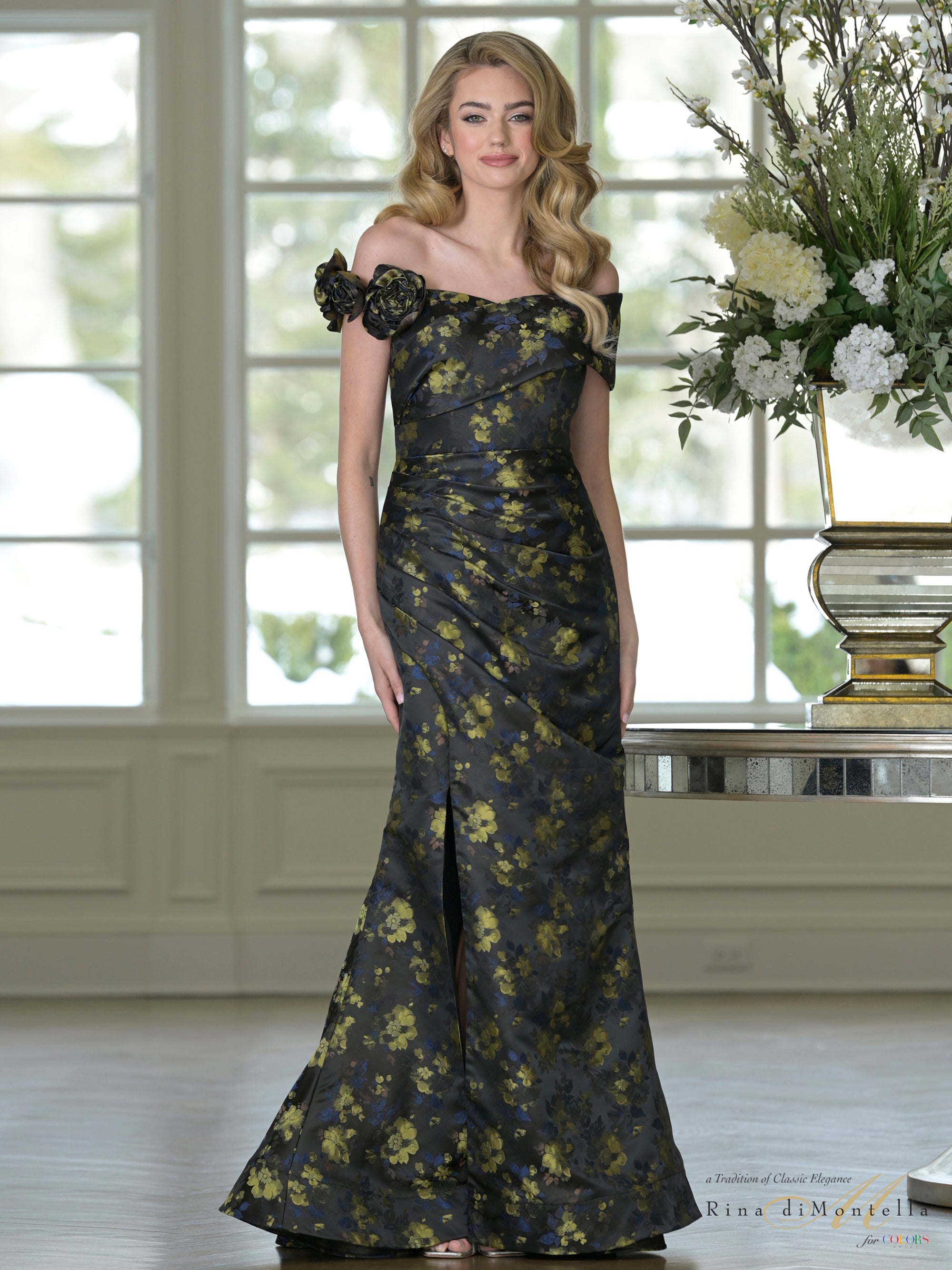 Black Yellow Off-the-Shoulder Floor-Length Floral Jacquard Formal Evening Mermaid Gown Rosette Accents Rina Di Montella RD3523