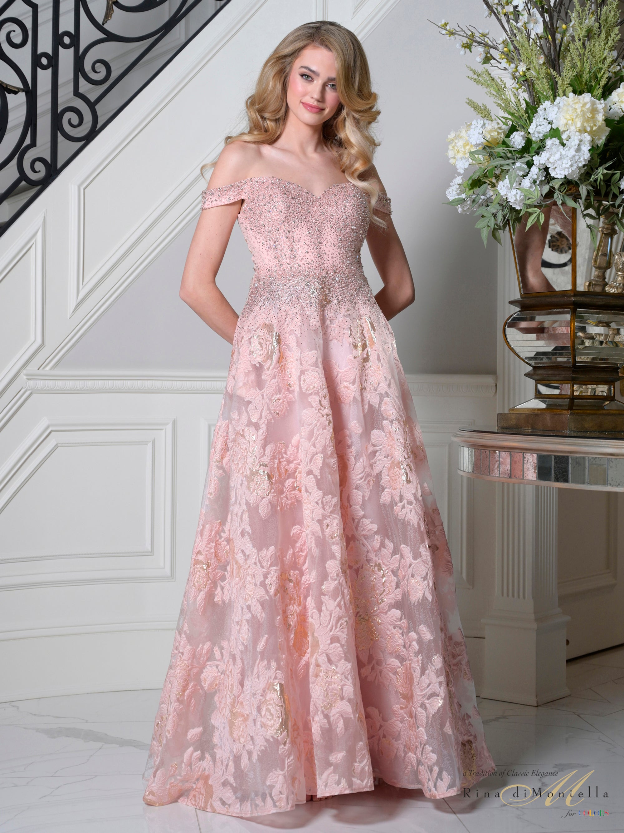 Pink Off-the-Shoulder Floor-Length Beaded Lace Formal Evening A-Line Gown Pockets Rina Di Montella RD3524