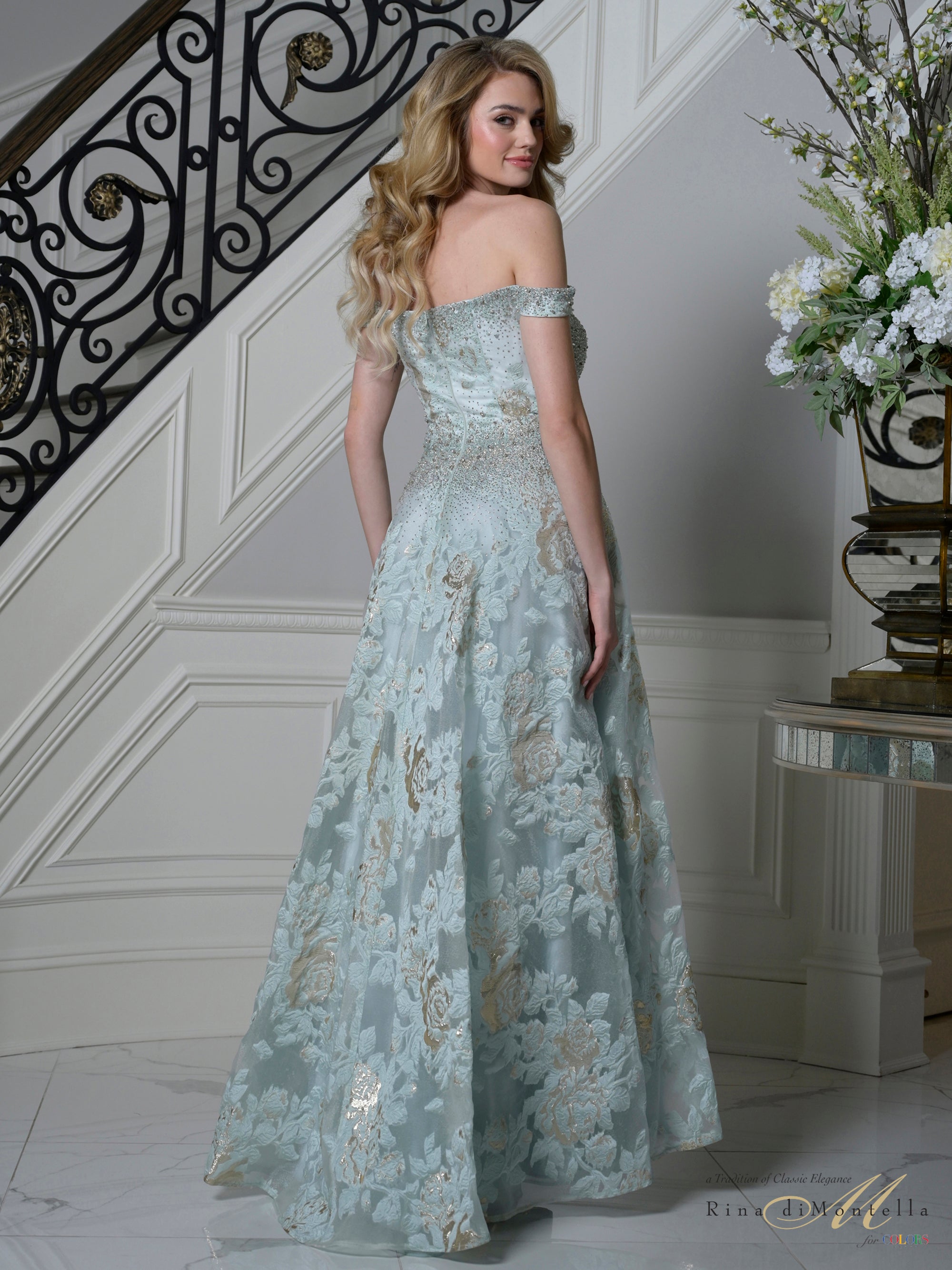 Seaglass Off-the-Shoulder Floor-Length Beaded Lace Formal Evening A-Line Gown Pockets Rina Di Montella RD3524