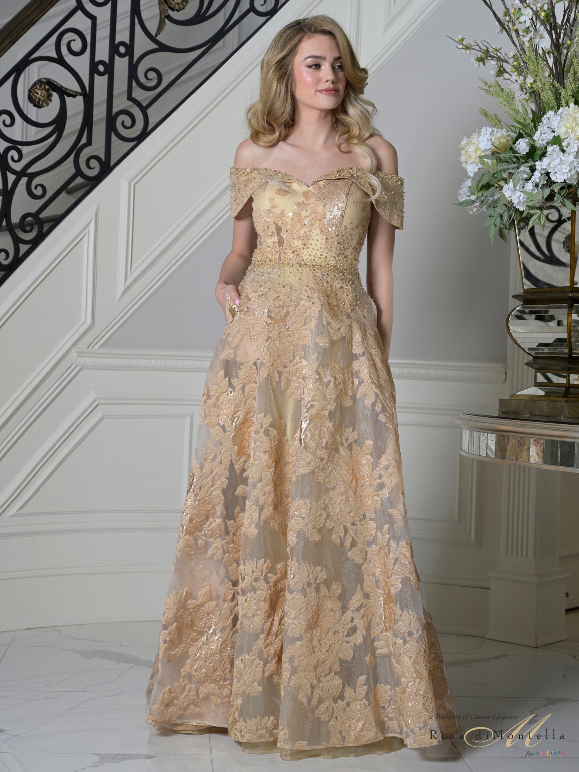 Gold Off-the-Shoulder Beaded Floral Lace A-Line Evening Gown Pockets Rina Di Montella RD3526