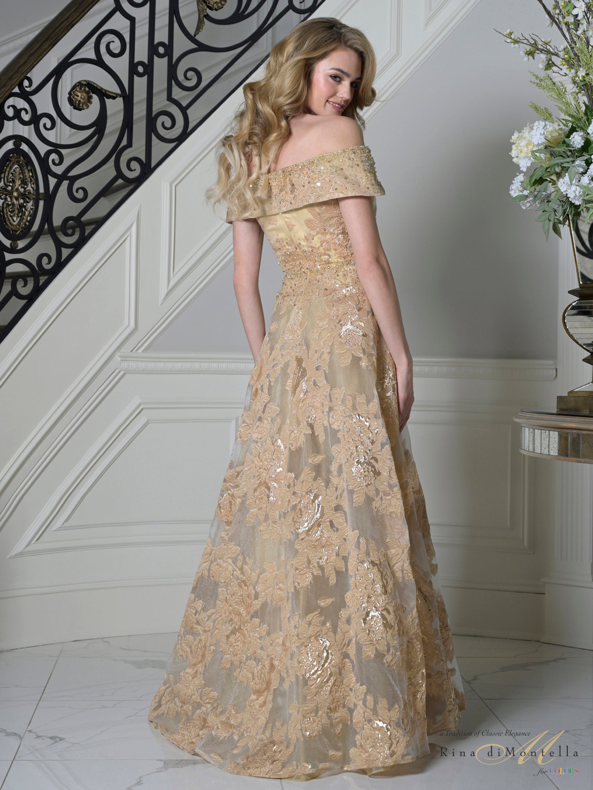 Gold Off-the-Shoulder Beaded Floral Lace A-Line Evening Gown Pockets Rina Di Montella RD3526